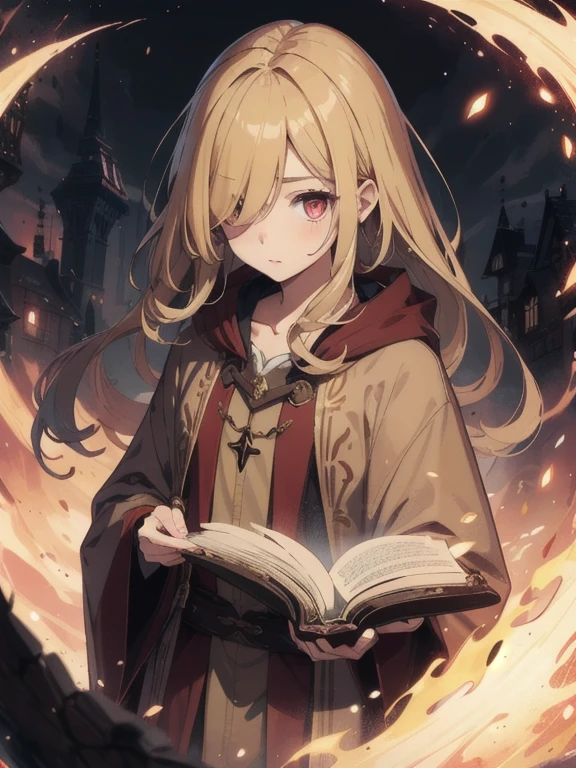 One Girl、Wizard Robe、Brown clothes、Blonde、long hair、One eye is hidden by hair、Red Eyes、He has a thick spellbook in his hand