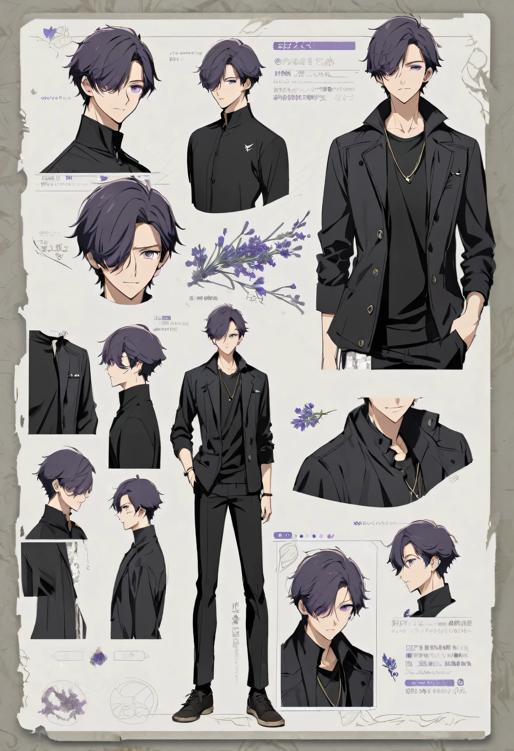 good looking, alone, male, short hair, Hair covering the left eye, Dark lavender hair, Purple eyes, Remains, Black Shirt, Black Pants, Casual jacket,Character design sheet,front,three views,tall,whole body,adult