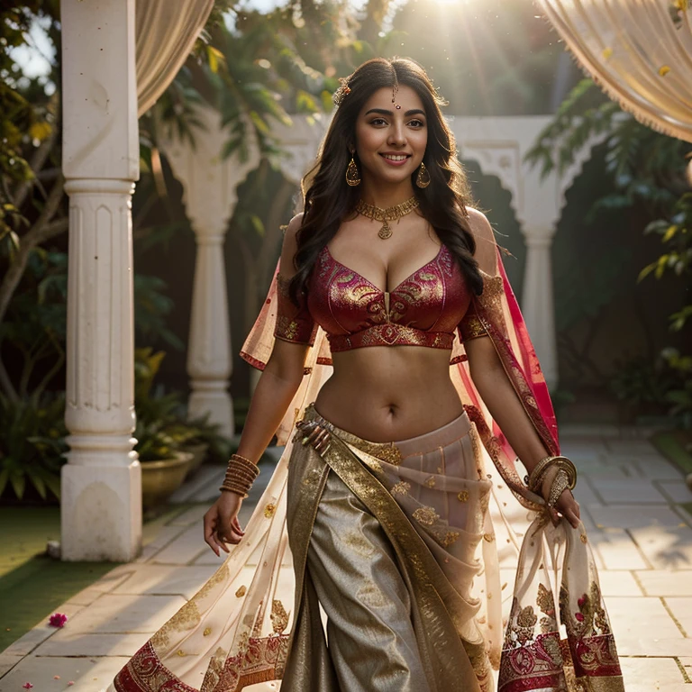 (masterpiece full length photography of a solo:1.2) alluring sexy tall curvy (18 yr old) big breasts Indian supermodel princess bride Amala Paul walking in (royal garden:1.3), (wearing stunning bridal red & gold lehenga & blouse:1.3). sheer dupatta, maximalism, (wedding flower decorations:1.3), (indian makeup & jewelry:1.2) long braided brown hair with highlights,, vivacious, lustful glance, exhilarated (beautiful detailed eyes:1.1) , (flirty bright smile:1.2), (intense dramatic afternoon light:1.4), backlit, key light, rim light, light rays, highly detailed, trending on artstation, paint splashes, rich color, abstract portrait, by Atey Ghailan