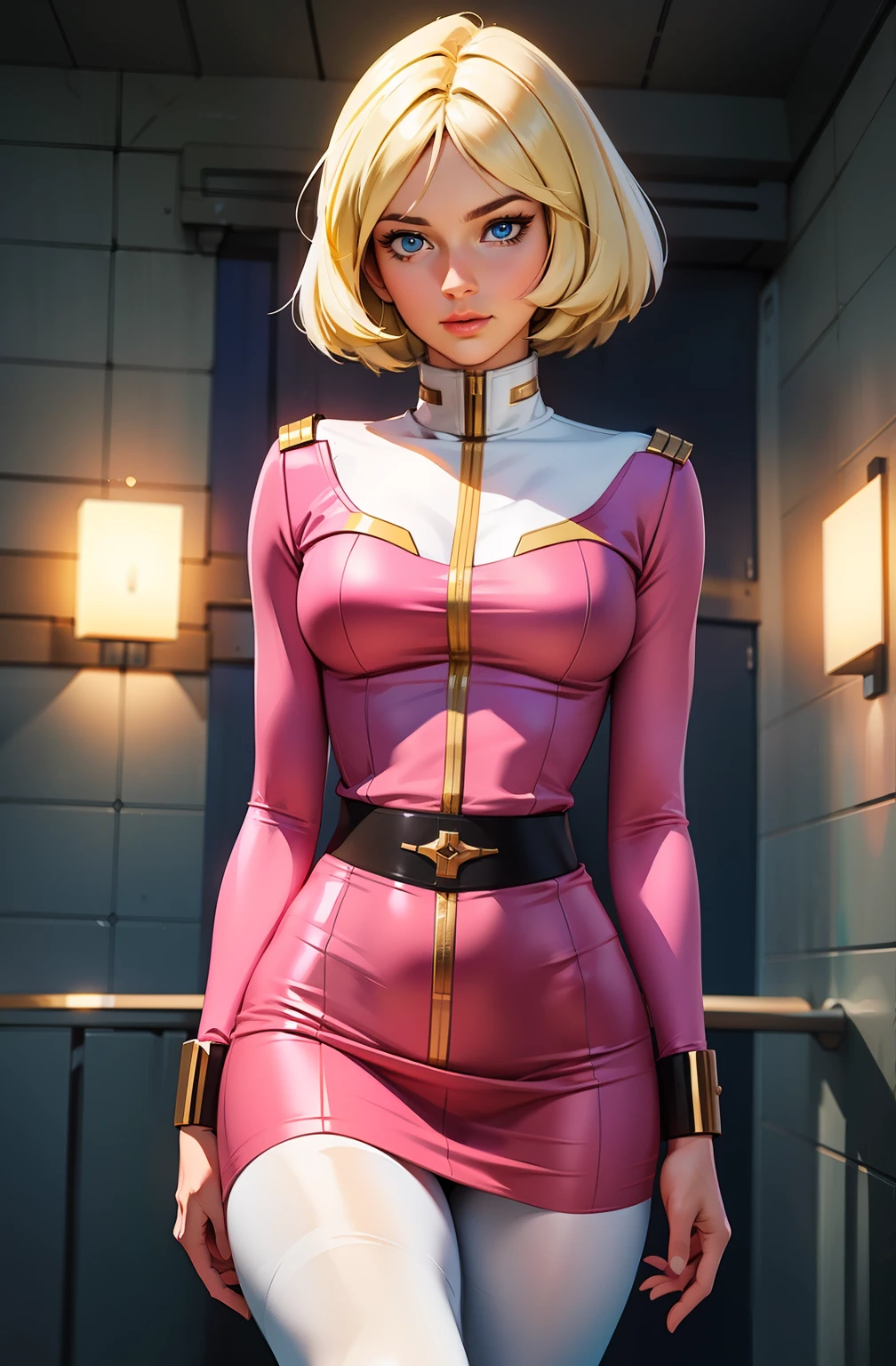 ((masterpiece)), ((cinematic lighting)), realistic photo、Real Images、Top image quality、1girl in, sayla mass, Elegant, masterpiece, Convoluted, slim arms, wide hips, thick thighs, thigh gaps, Best Quality, absurderes, high face detail, Perfect eyes, mature, Cowboy Shot, , Vibrant colors, soft pink uniform, soft pink Skirt, white tights