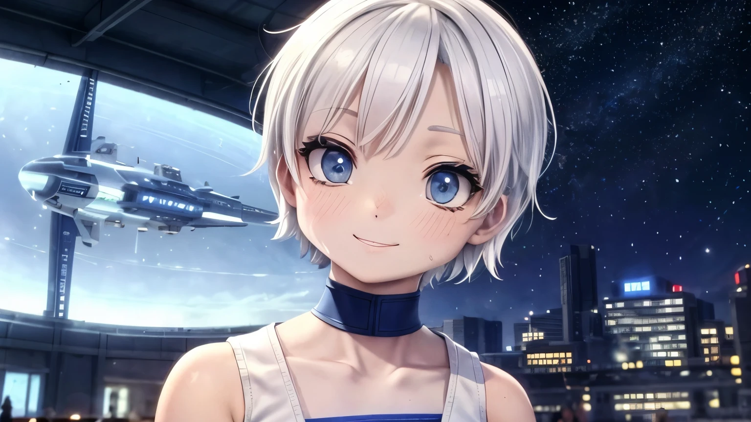 night,Starry Sky,空に浮かぶgirl,girl１people,Futuristic buildings,Flying Airship,Looking up at the sky,Short Hair,White hair color,Blue Mesh,Blue Eyes,13 years old,アジアpeople,smile,Primary school students,Sunburned skin,Being thin,White skin,White shorts,White tank top,White jacket,Low - Angle,