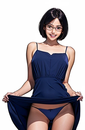 (masterpiece), (8k, best quality, high resolution), (ultra-detailed, realistic), (anatomically correct),  
((from head to thighs)), (Standing), (No background),
(1woman),  (looking at viewer), ((The dress is pulled up to the navel, revealing the navel.)),  
(A Japanese woman, 30 years old and 155cm tall), 
(black hair), (straight hair), (short hair style), ((bob cut)), (hair behind ears), 
(wear glasses), ((black cell frame glasses)), 
((Wear a navy blue spaghetti strap dress)), ((Mini length dress with a simple design and minimal decoration)), 
(wear panties), ((white panties)), 
(Create a detailed image of the eye), 
(Her impression is pure, clean and kind.), 
((A captivating smile, just showing a few teeth.)), 　 
