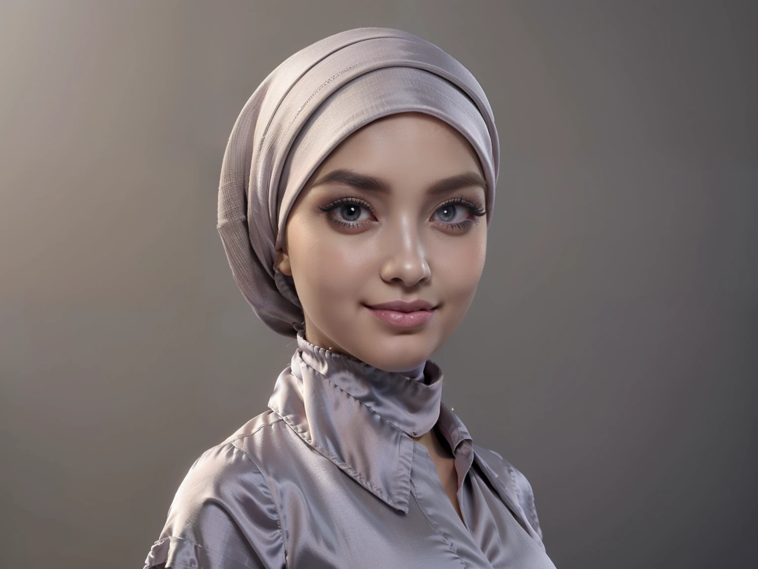 a close up character design sheet of a beautiful hijab girl character, beautifully makeup, eyeshadow, Parted Lips, detailed eyes, beautiful big eyes, long eye lashes, smile,. She's dresses (Dark gray satin headscarf)), loosely tide hijab style, ((Taupe satin shirt)), satin long skirt. Cartoon style, front, side and back views