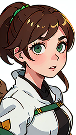 A young woman with light brown hair and a ponytail wearing a fantasy white costume、Green Eyes