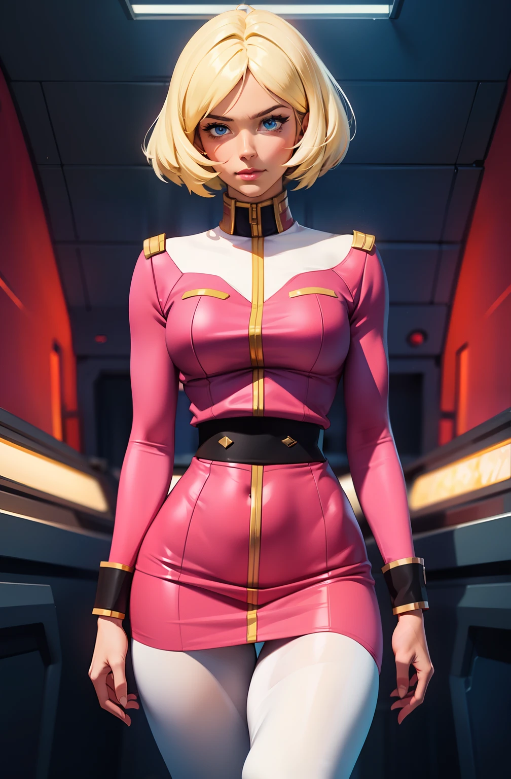 ((masterpiece)), ((cinematic lighting)), realistic photo、Real Images、Top image quality、1girl in, sayla mass, Elegant, masterpiece, Convoluted, slim arms, wide hips, thick thighs, thigh gaps, Best Quality, absurderes, high face detail, Perfect eyes, mature, Cowboy Shot, , Vibrant colors, soft pink uniform, soft pink Skirt, white tights