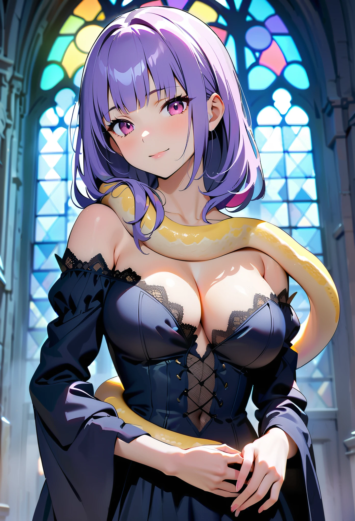 (Top image quality),2023 Animation,Top animation quality,High-resolution details,Detailed wallpaper,(masterpiece),(medium view), solo,sexy, A woman,upper body,Lilac hair,neat bangs,Pink Eyes,Beauty,light smile,(Wearing only a Gothic off-the-shoulder long-sleeved dress with lace trim),large breast,(Cleavage),bare neck,(A python wrapped around the body),((detailed rainbow snake near body)),(Gothic castle background),(Depth of Field),Gloomy atmosphere,stained glass,(dark)