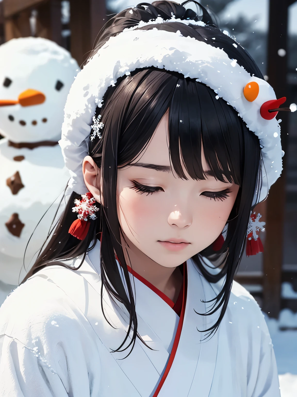 masterpiece, Realistic, highest quality, whole body, Black Super Long Hair, (((Beautiful Snow Woman)))), (Beautiful Snow Woman in Old Tales)))), (Japanese white kimono and white obi、Long red sleeves、Only the obi is hanging down, Face down、Looking up at the person squinting)), (((Black hair with snowflake hair accessories and snowman hair clips)), 20-year-old, (Plains in a blizzard)))), ( No headgear))), Realistic, Blur the background