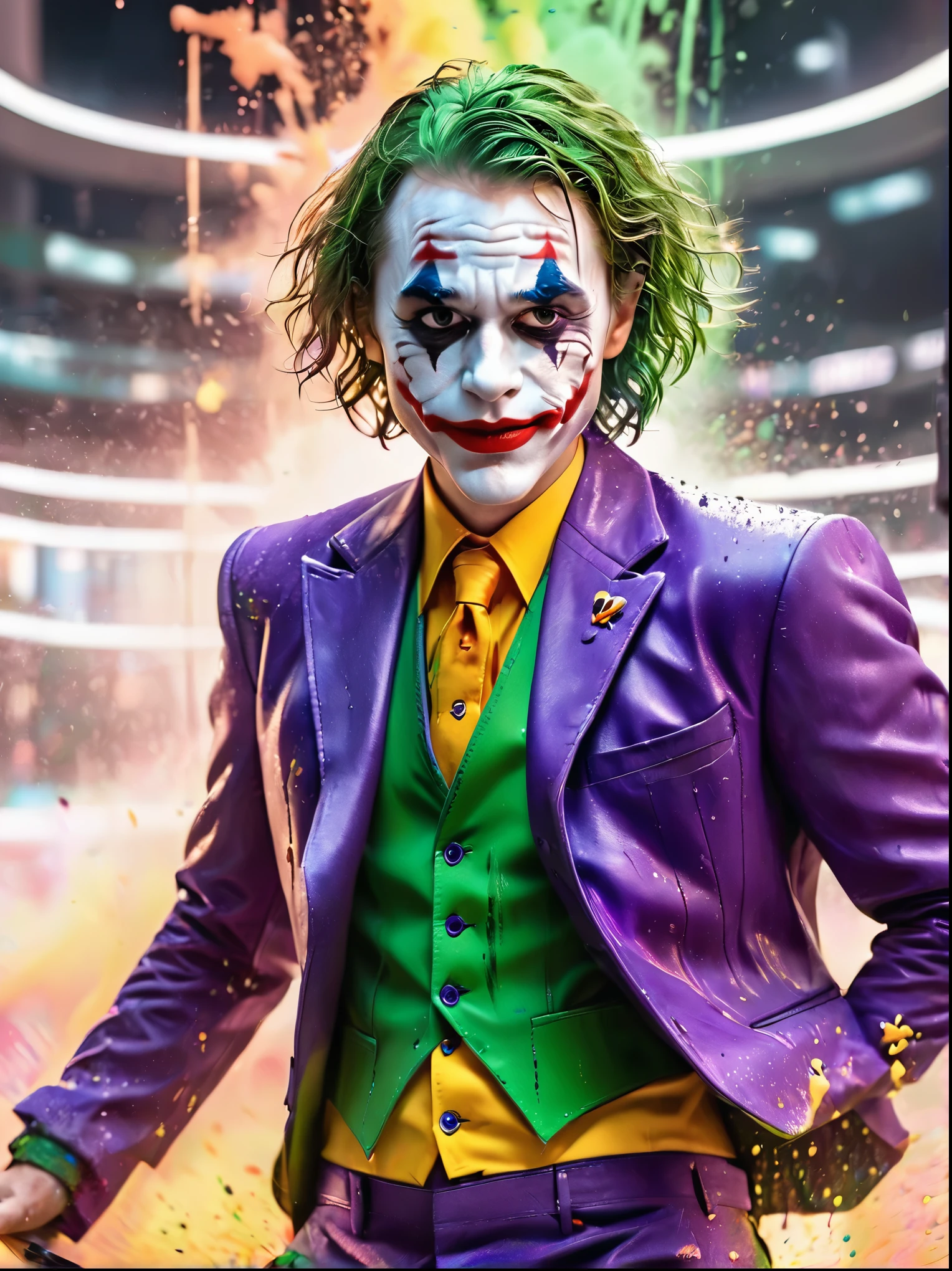(masterpiece, best quality,hires,high resolution:1.2), extremely detailed,colorful, paint splatter,colorful paint splatter, professional full body photo of (male joker wearing joker jacket:1.2),slow motion, pov,high quality, masterpiece, cinematic, close up, realistic, highres, (cinematic dark lighting, cinematic exposition, 4K realistic texture), (dynamic pose, soles, perfect face, cute, joker haircut, crazy laughing, crazy laugh, colorful, full body, paint explosion)