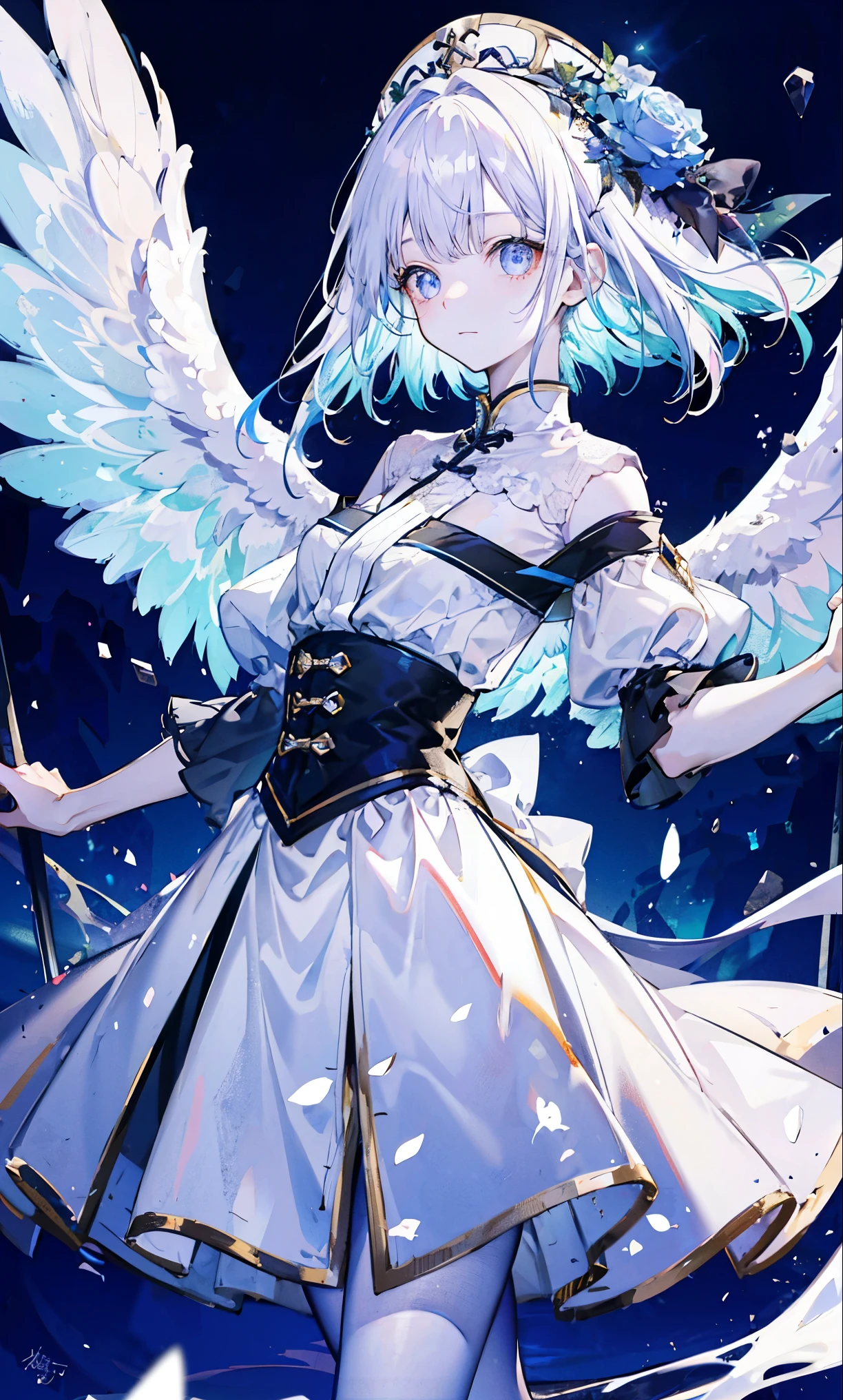 The angel is depicted with a pale and glowing cot has heterochromatic eyes.、Its skin seems to radiate an otherworldly glow。he、Symbol of divinity、Decorated with a pair of shining Fair wings。This scene is so wonderful.、它捕捉了這些天體的美麗和mystery。Angelic、pale、glow、color、shine、A rare treasure、Brilliance、shine、Fair、wingspan、sanctity、Fair、charming、beauty、mystery。