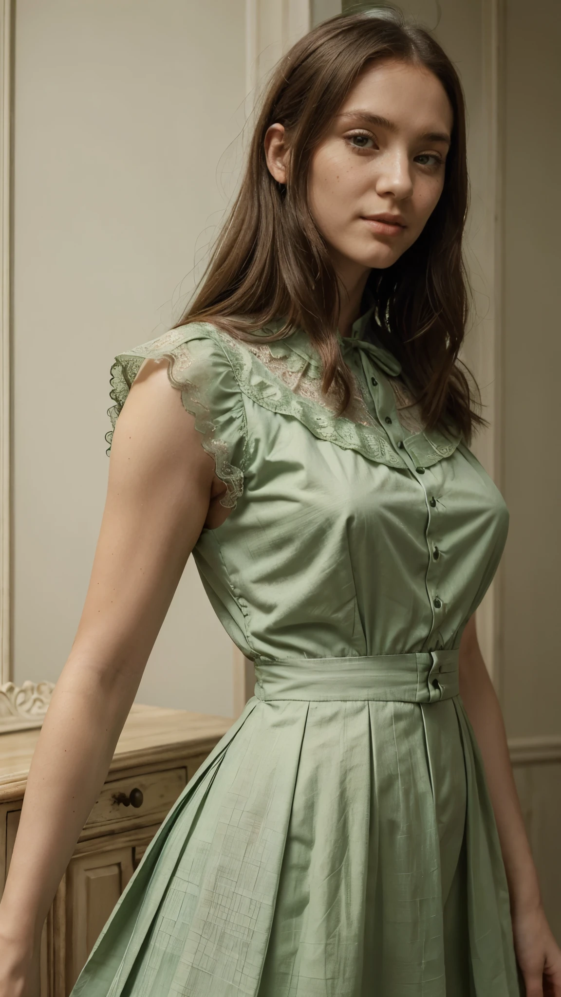 ((masterpiece)), (best quality), (simple style), green dress, Butterfly heart, pleated lace, Edwardian lace dress. add skin blemishes, acnes, spots beautifully,