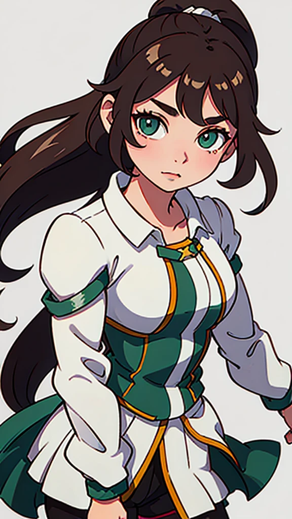 A young woman with light brown hair and a ponytail wearing a fantasy white costume、Green Eyes