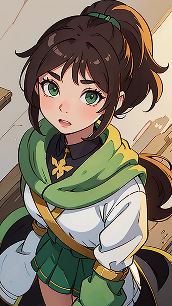A young woman with light brown hair and a ponytail wearing a fantasy white costume、Green Eyes