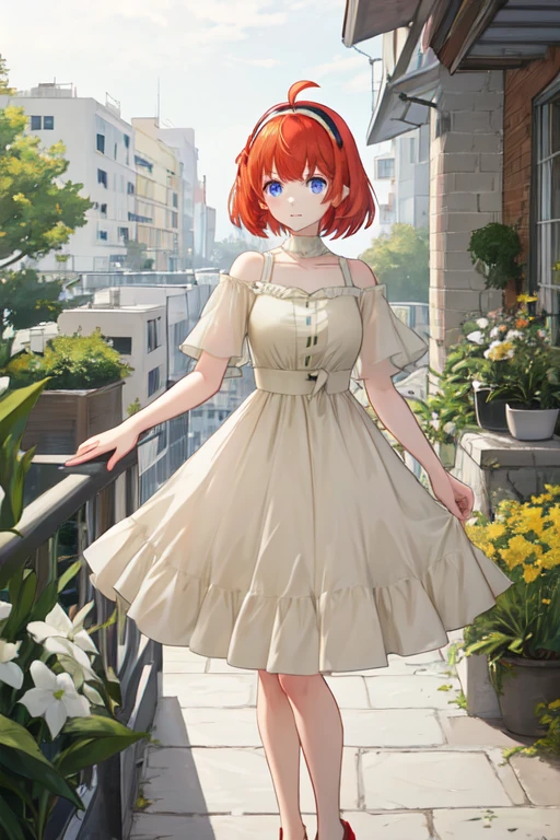 TESS, beige_dress, beige_footwear, red hair, short hair, blue eyes, hairband, ahoge