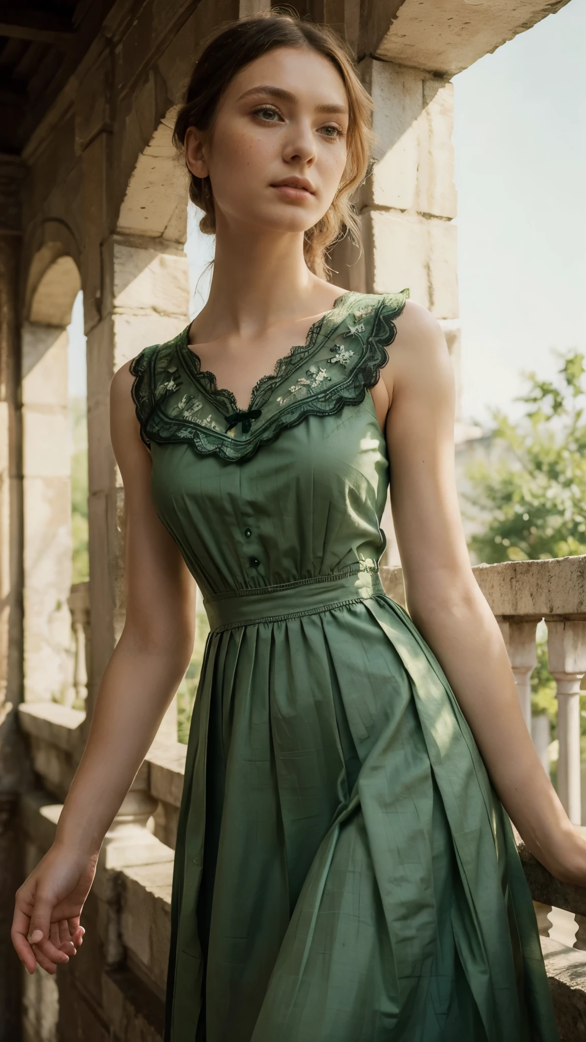 ((masterpiece)), (best quality), (simple style), green dress, Butterfly heart, pleated lace, Edwardian lace dress. add skin blemishes, acnes, spots beautifully, 