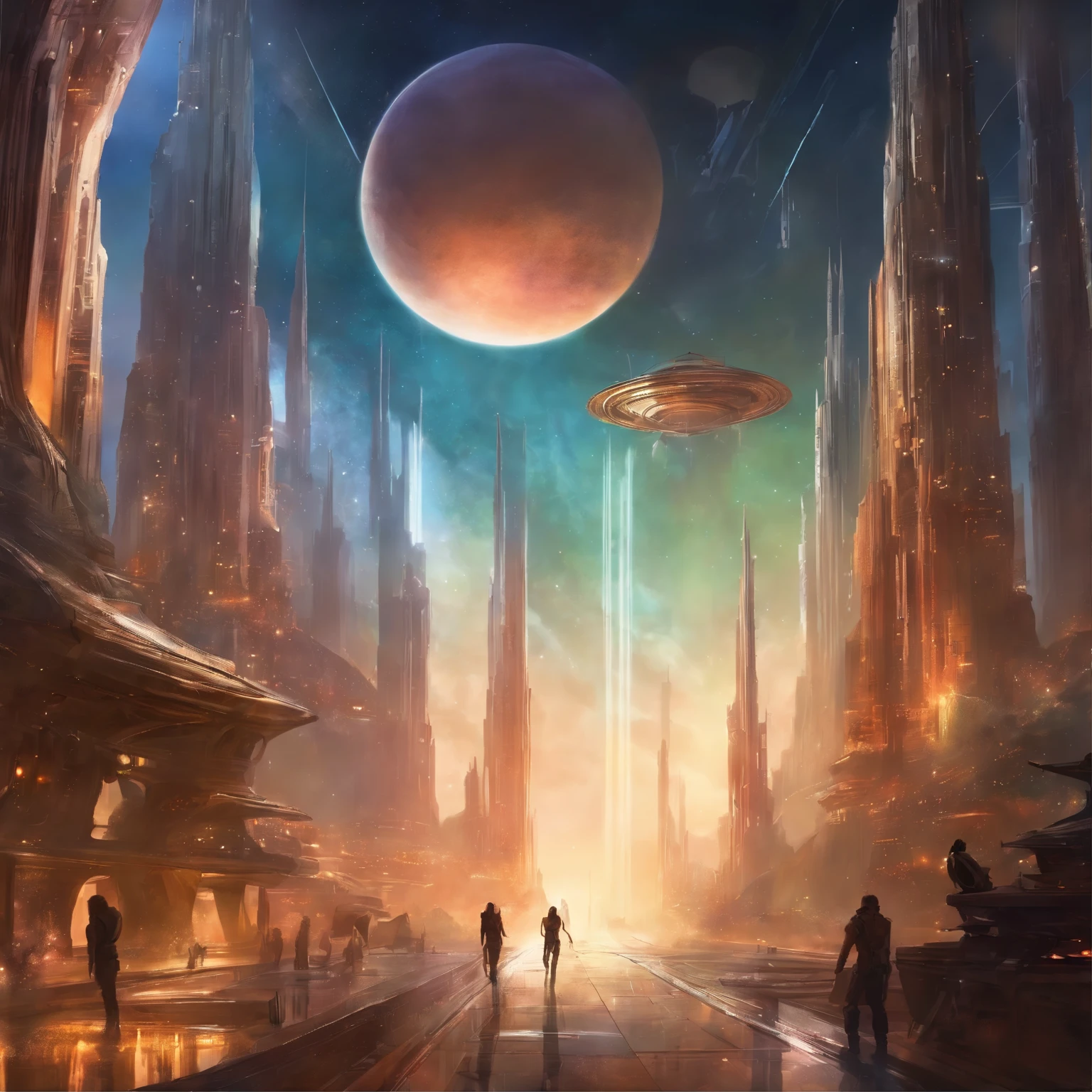 best quality,Masterpiece,spaceship,Space community commercial district,interstellar trade,mysterious,Cutting-edge technology
