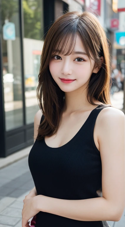 Tabletop, highest quality, figure, Very detailed, In detail, High resolution, 8k wallpaper, Perfect dynamic composition, Beautiful fine details, Tank top,Medium Hair, Center of chest, Natural color lip, Random sexy poses,smile,Aoyama Street Walk、20-year-old girl