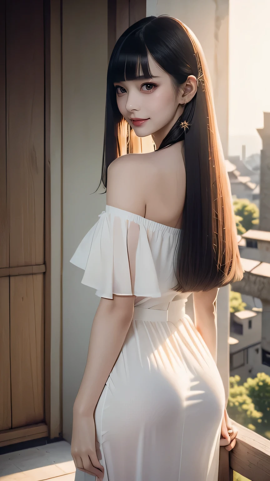((Straight bangs、Princess Bang)),((Very heavy、Voluminous bangs:1.1)),((very long、Very heavy、Very voluminous side locks:1.1)), Hime cut、Straight bangs hairstyle、Round face and ugly bangs、Long hair with ugly bangs、The bangs are cut straight、(masterpiece、highest quality:1. 5), (Ultra-fine 8K CG:1.4), (hyperRealistic:1.25), (PhotoRealistic:1.25), (Realistic:1.4), (View Top:1.35), (Rear view),(look back), (smile1.3)、 1 japanese beautiful girl, 19 years old, Supermodel, Japanese Idols, (smile)、 (Translucent off-shoulder white dress :1.1),( Girl standing on balcony of old castle:1.4), (A European castle is hazy in the background.),Backlight、silhouette、nipple、