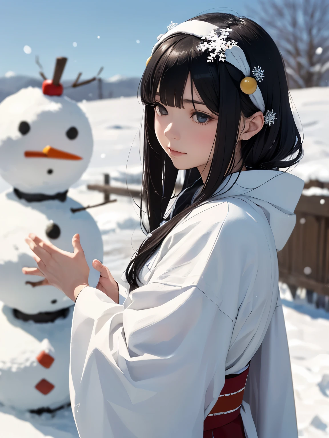 masterpiece, Realistic, highest quality, whole body, Black Super Long Hair, (((Beautiful Snow Woman)))), (Beautiful Snow Woman in Old Tales)))), (Japanese white kimono and white obi、Long red sleeves、Only the obi is hanging down, Face down、Looking up at the person squinting)), (((Black hair with snowflake hair accessories and snowman hair clips)), 20-year-old, (Plains in a blizzard)))), ( No headgear))), Realistic, Blur the background