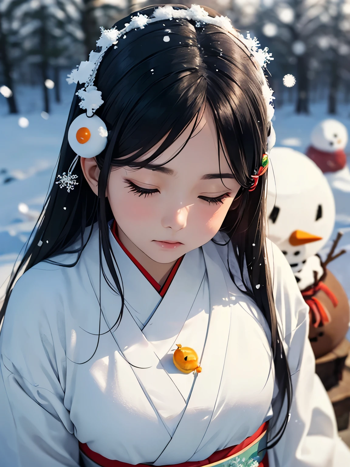 masterpiece, Realistic, highest quality, whole body, Black Super Long Hair, (((Beautiful Snow Woman)))), (Beautiful Snow Woman in Old Tales)))), (Japanese white kimono and white obi、Long red sleeves、Only the obi is hanging down, Face down、Looking up at the person squinting)), (((Black hair with snowflake hair accessories and snowman hair clips)), 20-year-old, (Plains in a blizzard)))), ( No headgear))), Realistic, Blur the background