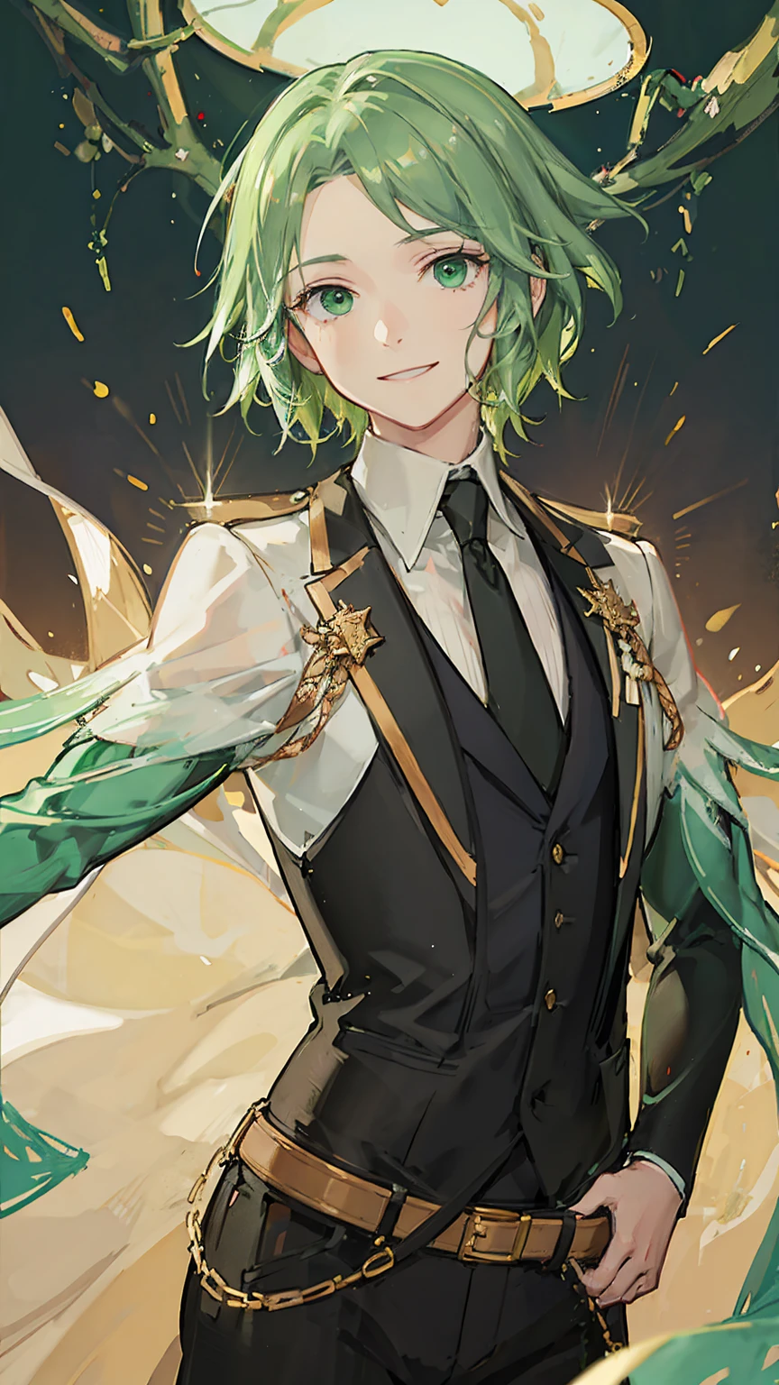 1boy,light green hair, light green eyes, smile,luminous effect,best quality, masterpiece,high quality 