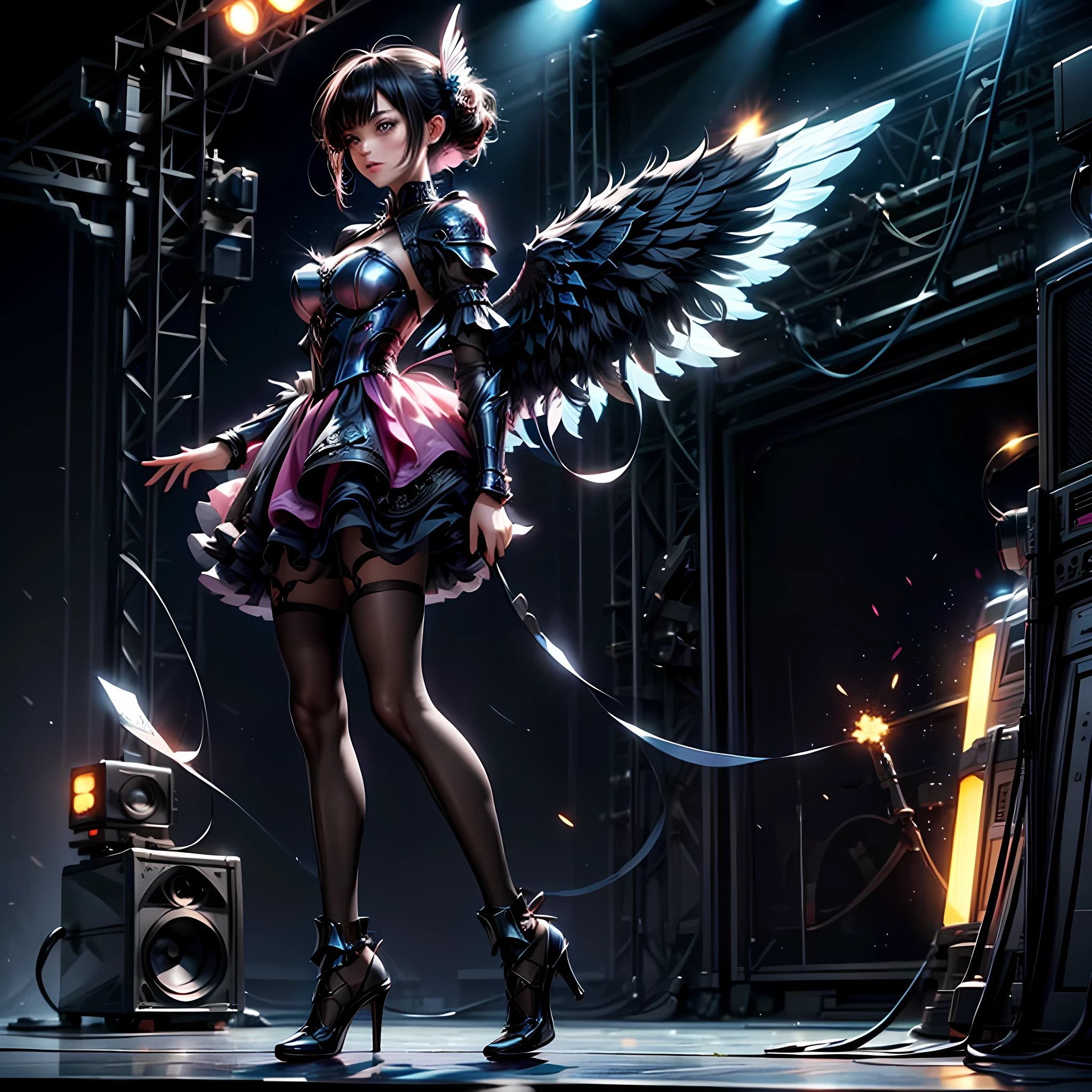 arafed, a picture of one angel rock star on stage, the angel, an exquisite beautiful female angel, dynamic hair style, dynamic hir color, wears a (pink: 1.3) intricate dress, (black: 1.2) high heels, her angelic wings are spread and has many lights shining on the, rock star, rock concert stage background best quality, 16k, [ultra detailed], masterpiece, best quality, (ultra detailed), full body, ultra wide shot, photorealism, armored dress, LightningMagicAI, feathered wings

