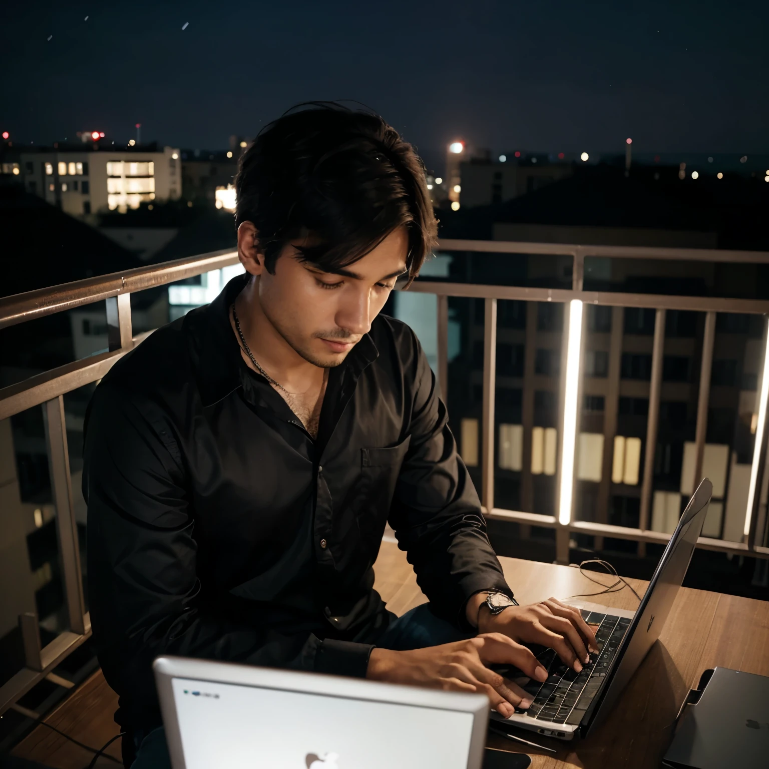 A man mixing song with laptop in balcony in night