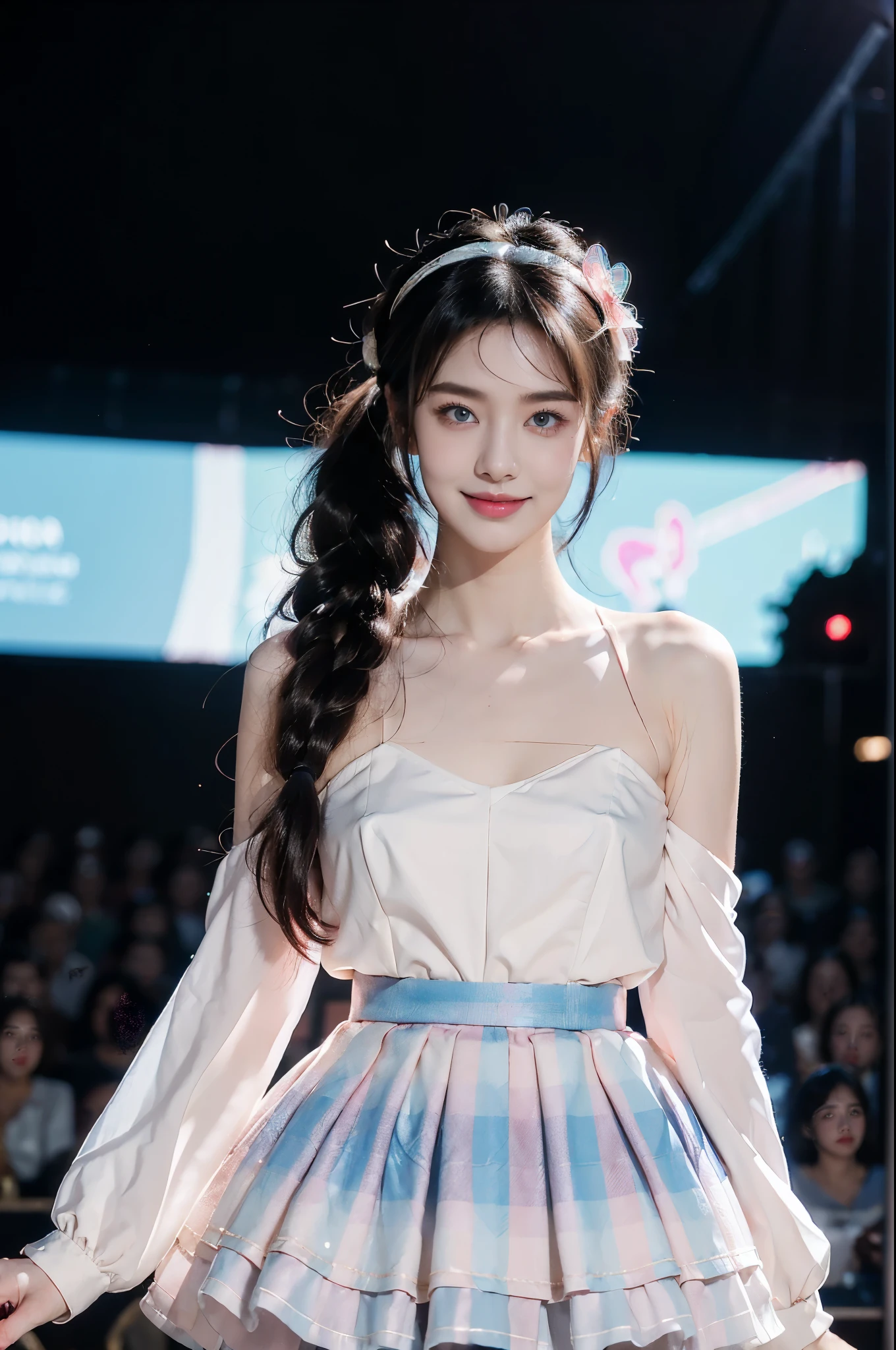 (Extremely meticulous CG),(((8k))),wallpaper,(Portrait above the chest:1.3),((Extremely refined and beautiful)),(((Masterpiece))),(((best qualtiy))),(((Ultra High Resolution))),beautiful light up,realistic shaded,(Smooth and flawless fair skin:1.5),(Extremely exquisite facial details:1.2),(ultra-detailed:1.5),((a beautiful girl,solo)),(Japanese teenage idol:1.3),(headdress flower:1.3),(short ponytail:1.2),(small head:1.2),(slender face:1.2),(Exquisite makeup:1.3),(smiling:1.2),(laughing:1.2),(perfect body:1.1),(collar:1.2),(sleeves:1.3),(Pink blue checkered Idol costume:1.5),(skirt:1.5),(slender legs:1.3),(nude pantyhose:1.5),(sneakers:1.2),((slim,thin)),(small breasts:1.2),(flat chests:1.2),(from front:1.3),(standing:1.3),(In the theater:1.3),(on the stage:1.5),(lively atmosphere:1.3),(indoor:1.3),(colorful neon lights:1.3),(Cyberpunk style:1.3),(detailed background:1.5),(night scene:1.5),(upper body:1.3),(arms behind back:1.2)