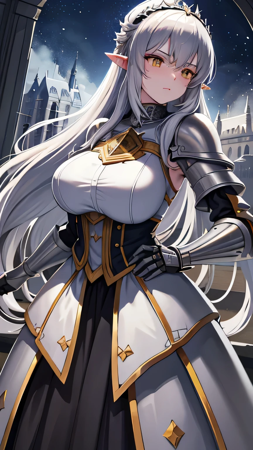 yellow eyes,1 woman,Masterpiece,incredibly absurset,best quality,silver breastplate,((silver armor)),set,looking at the audience,Facing the audience,Highly detailed eyes,Some big breasts,holding a glowing silver sword, at night,Magnificent castle hall,Side lighting,low beam, glow effect, big window, night sky, yellow moon,In the building,long set,crown,elf ears
