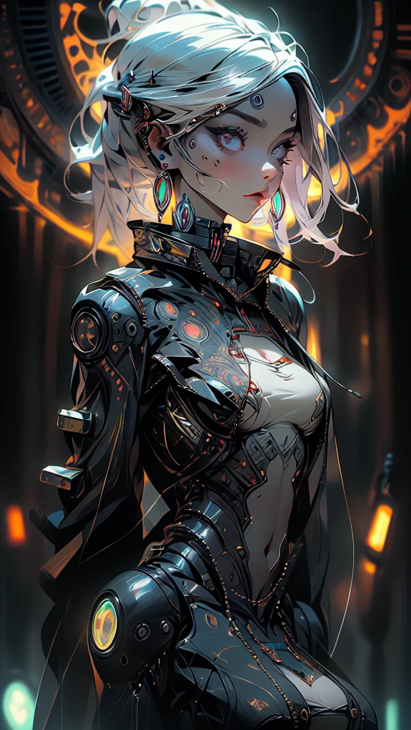 The prompt for the given theme is: "black color, ram's head, Death's scythe, infernal horror, overlooking, tattered clothes, downward gaze, illustrations, highres, ultra-detailed, dark fantasy, sharp focus, vivid colors, dramatic lighting, bokeh". female robot pilot, mechanical creature, electronic wires relays computer nerves, girl face, dystopian surrealism, alex ries zdzisaw beksinski giger, very intricate details, demon chinese female, deep luminous eyes contain galaxies, head contains nebula, deep aesthetic, concept art, carved silver circuits diodes resistors semiconductors, highly ornate