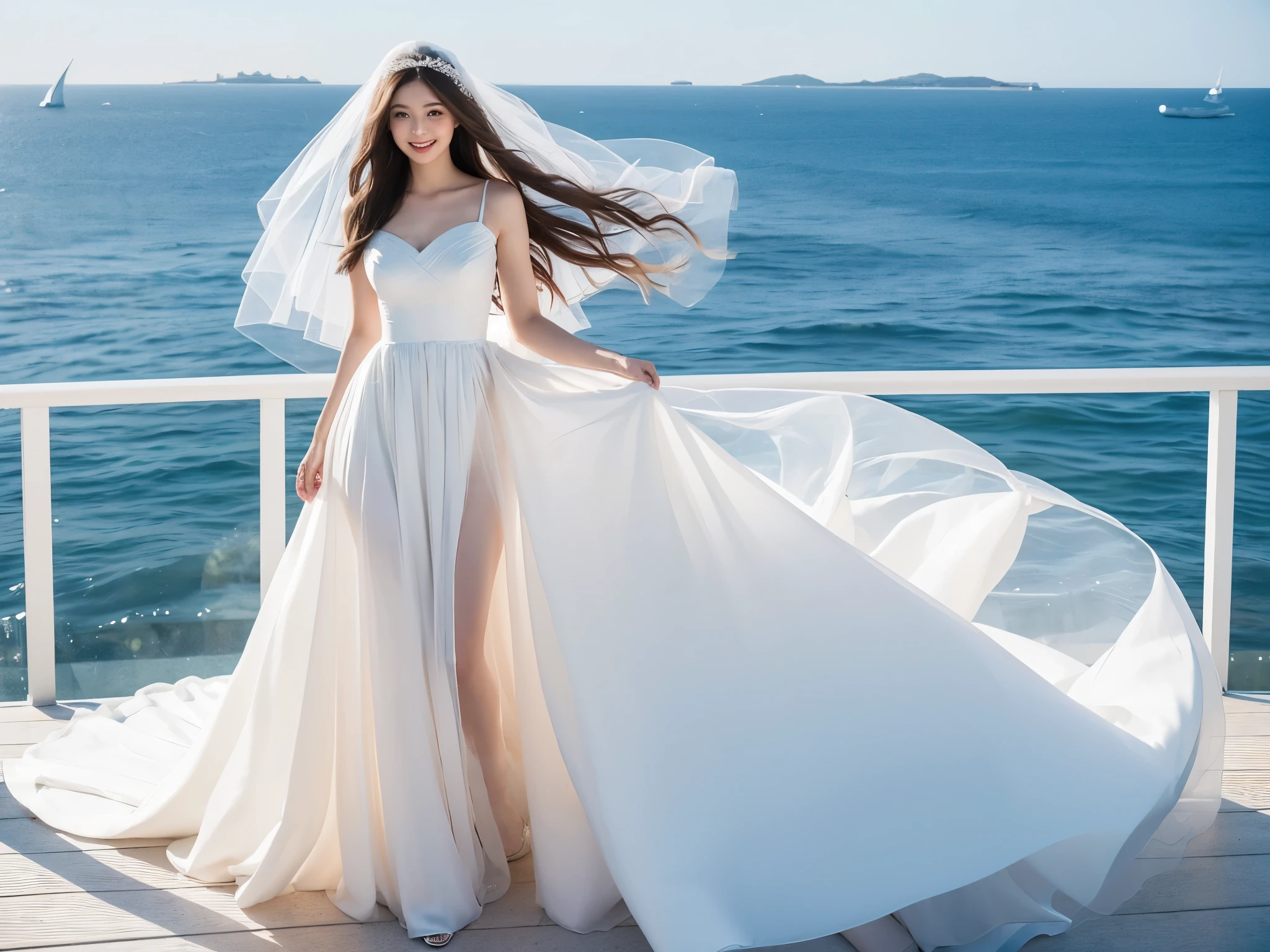 A woman with a beautiful and well-proportioned face
hair waving in the wind
(brown hair)
calm smile
G cup breasts
wearing a wedding dress
(white prom dress)
(There's a white wedding veil on my head)
There is a big and long bridge
The blue sea spreads under the bridge
a car is passing
japanese woman