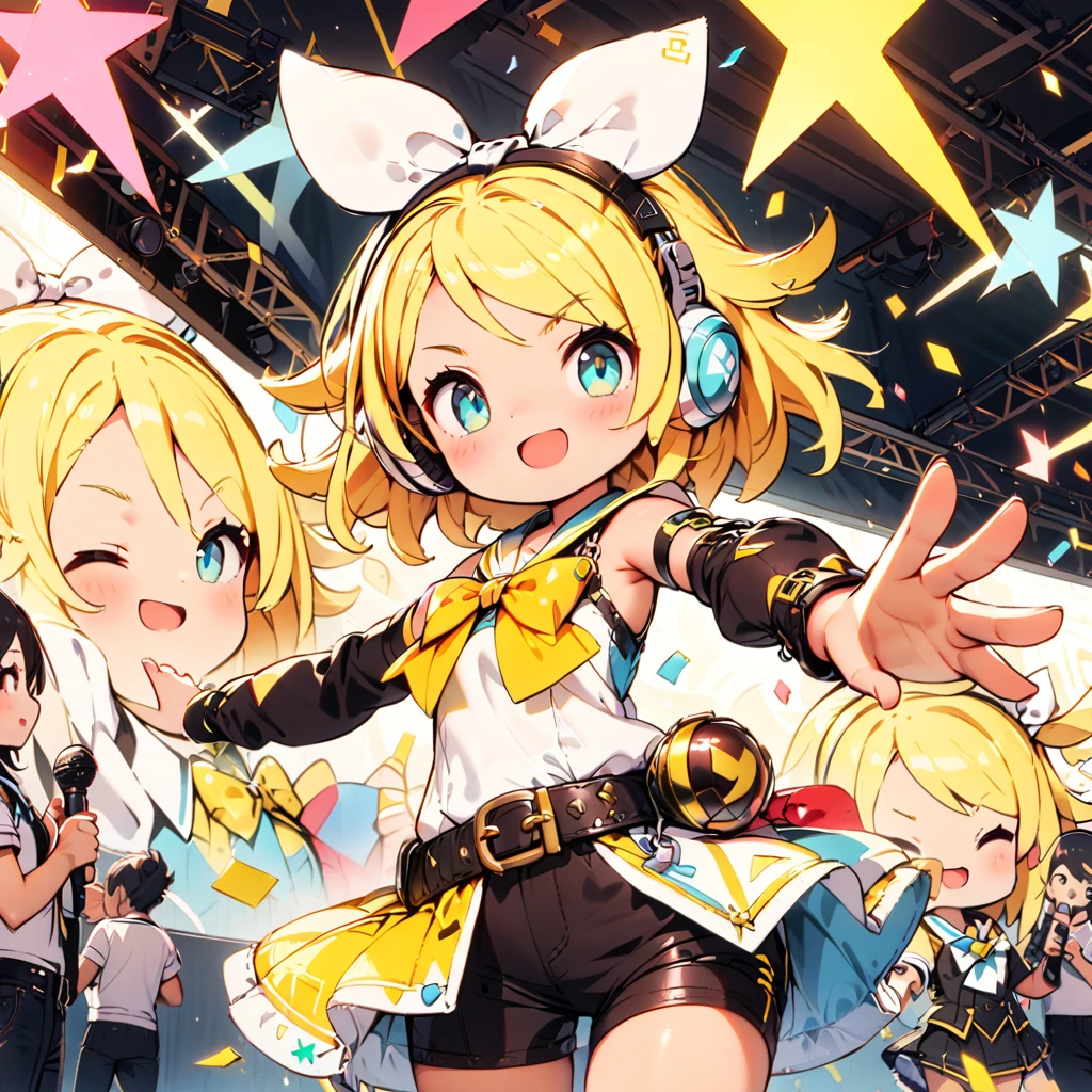 KAGAMINE RIN\(vocaloid\),solo,1female\(cute,kawaii,age of 10,KAGAMINE RIN\(vocaloid\),light yellow hair, short hair,red tattoo of numbers"02" on shoulder,(big white bow),sleeveless white shirt,detached black arm bell sleeves,(arm sleeves are black bell sleeves:1.2),belt,sailor collar,yellow wide tie,white headphones,black short pants,black knee high leg warmers,yellow key strap at belt,open shoulder,singing and dancing,(very cute pose:1.5),(korean idol pose:1.5),dynamic pose,(very cute big smile),looking away\), BREAK ,background\(live stage,colorful confetti,pastel color spotlights,(many colorful music note signs),many audience waving yellow glow sticks,\), BREAK ,quality\(8k,wallpaper of extremely detailed CG unit, ​masterpiece,hight resolution,top-quality,top-quality real texture skin,hyper realisitic,increase the resolution,RAW photos,best qualtiy,highly detailed,the wallpaper,cinematic lighting,ray trace,golden ratio\),RIN is so so cute,dynamic angle,anatomicaly correct hand,chibi RIN is waving hand to viewer saying "good bye"