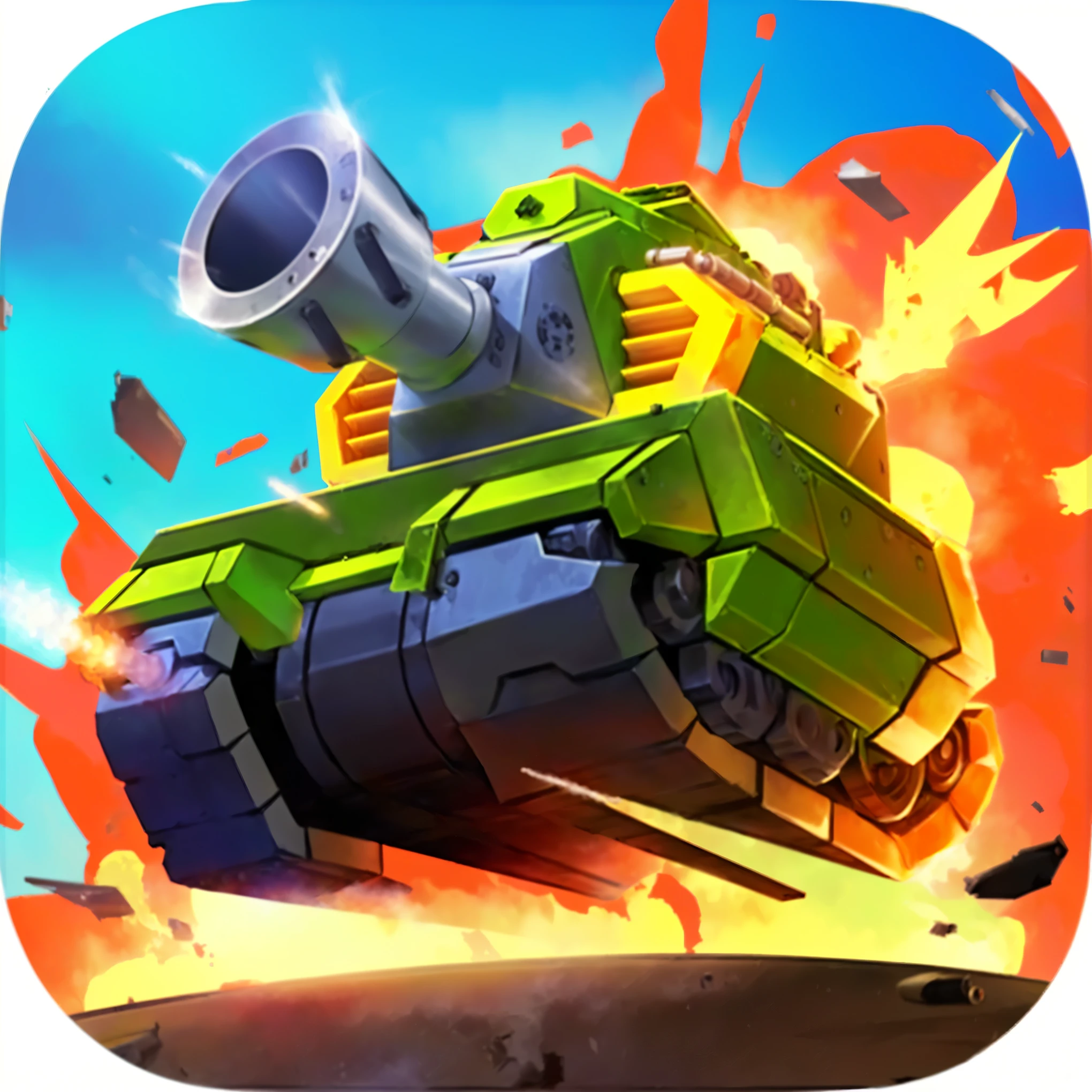 a green tank with a gun on it is in the air, artillery blast, tank has a large solid cannon, tank, tanks crashed, war armor battle, artillery explosions, tanks, missile turrets, Heavy weapons fire, massive tank, destroyed tanks, artillery, Fierce Battle, some s destroyed, class, Mecha machine fires bullets, Armored forces,Game Icon、