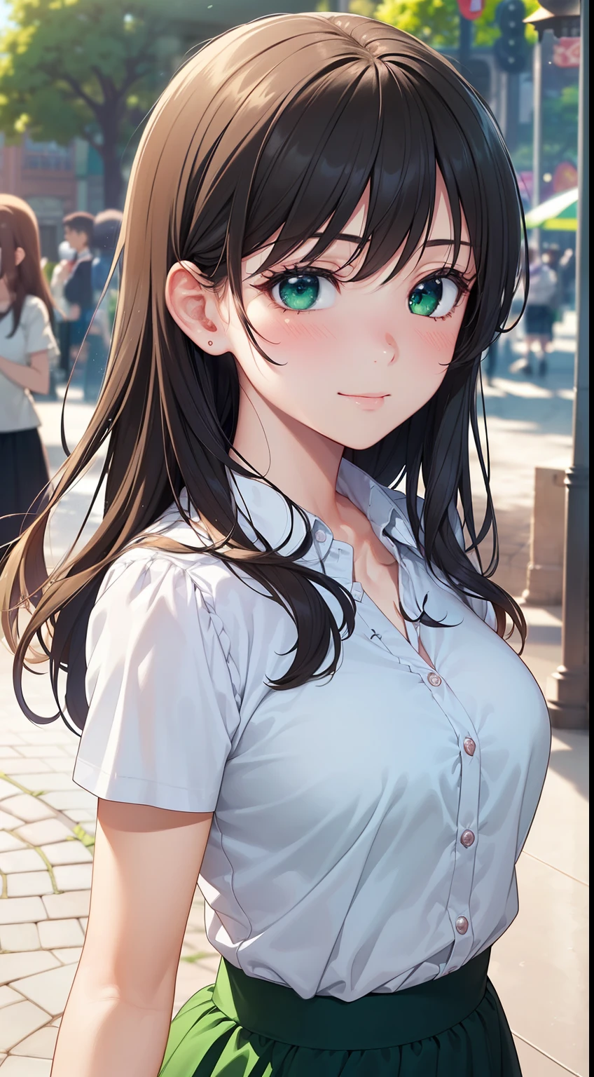 ((masterpiece, best quality, high resolution, Ultra HD, Pixel Perfect, Depth of Field, 4K, ringing, HDR))), 1 girl, single, Solitary, Beautiful anime girl, Beautiful art style, Anime Characters, ((Long hair, Bangs, Brown hair, curls:0.8)), ((Green Eyes:1.4, Round eyes, Beautiful eyelashes, Realistic eyes)), ((Delicate face, blush:1.2)), ((Smooth texture:0.75, Realistic textures:0.65, Reality:1.1, Anime CG style)), Medium breasts, Dynamic Angle, Perfect body, ((portrait, Viewing angle)), ((Black stepmother skirt)), Smile, amusement park