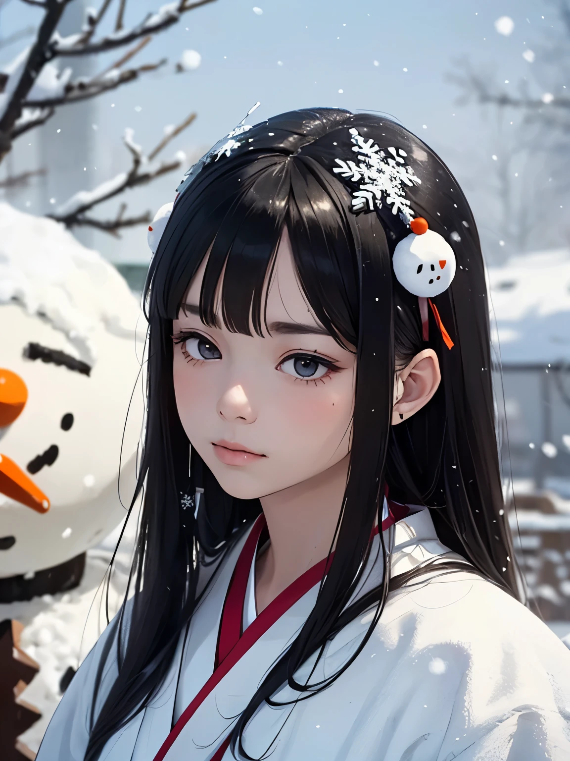 masterpiece, Realistic, highest quality, whole body, Black Super Long Hair, (((Beautiful Snow Woman)))), (Beautiful Snow Woman in Old Tales)))), (Japanese white kimono and white obi、Long red sleeves、Only the obi is hanging down, Face down、Looking up at the person squinting)), (((Black hair with snowflake hair accessories and snowman hair clips)), 20-year-old, (Plains in a blizzard)))), ( No headgear))), Realistic, Blur the background