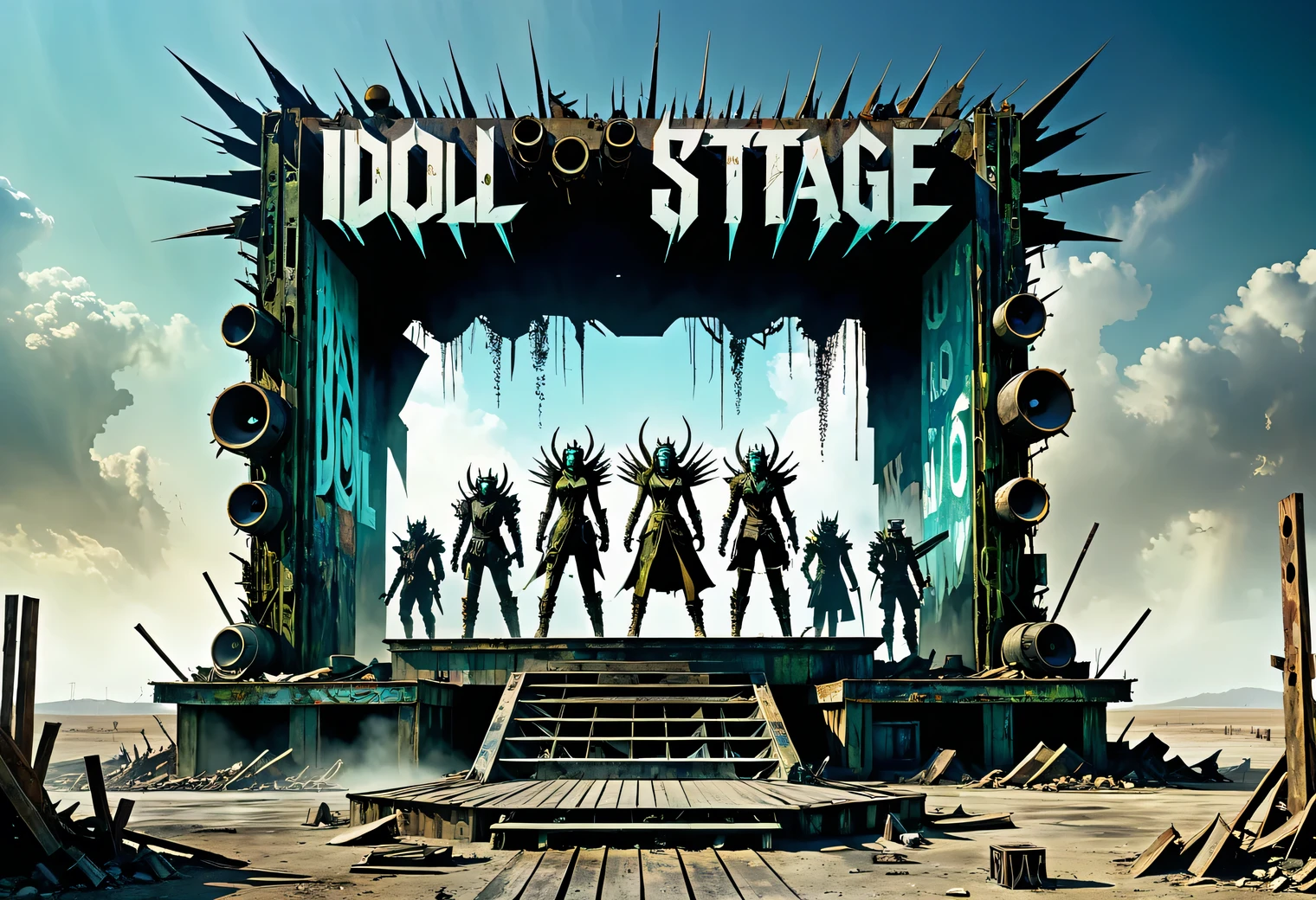 Idol Stage, Idol Stage Art, post-apocalyptic style, mutants as spectators, surrealism, text "IDOL STAGE"