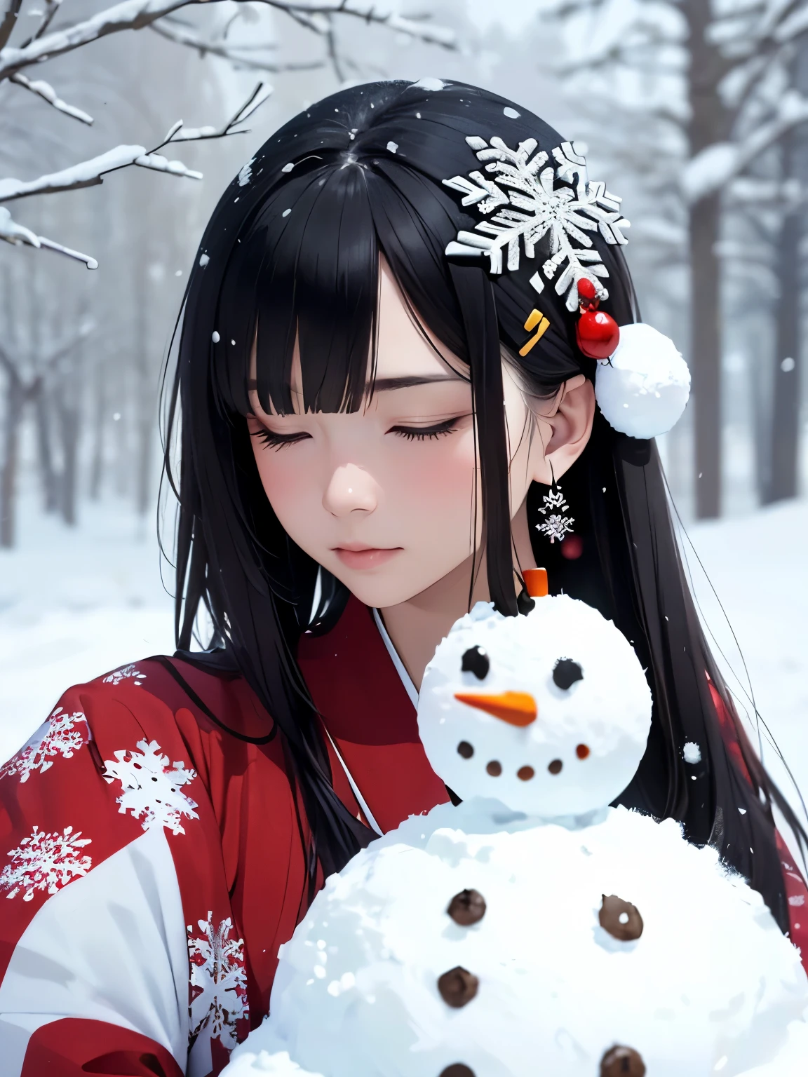 masterpiece, Realistic, highest quality, whole body, Black Super Long Hair, (((Beautiful Snow Woman)))), (Beautiful Snow Woman in Old Tales)))), (Japanese white kimono and white obi、Long red sleeves、Only the obi is hanging down, Face down、Looking up at the person squinting)), (((Black hair with snowflake hair accessories and snowman hair clips)), 20-year-old, (Plains in a blizzard)))), ( No headgear))), Realistic, Blur the background