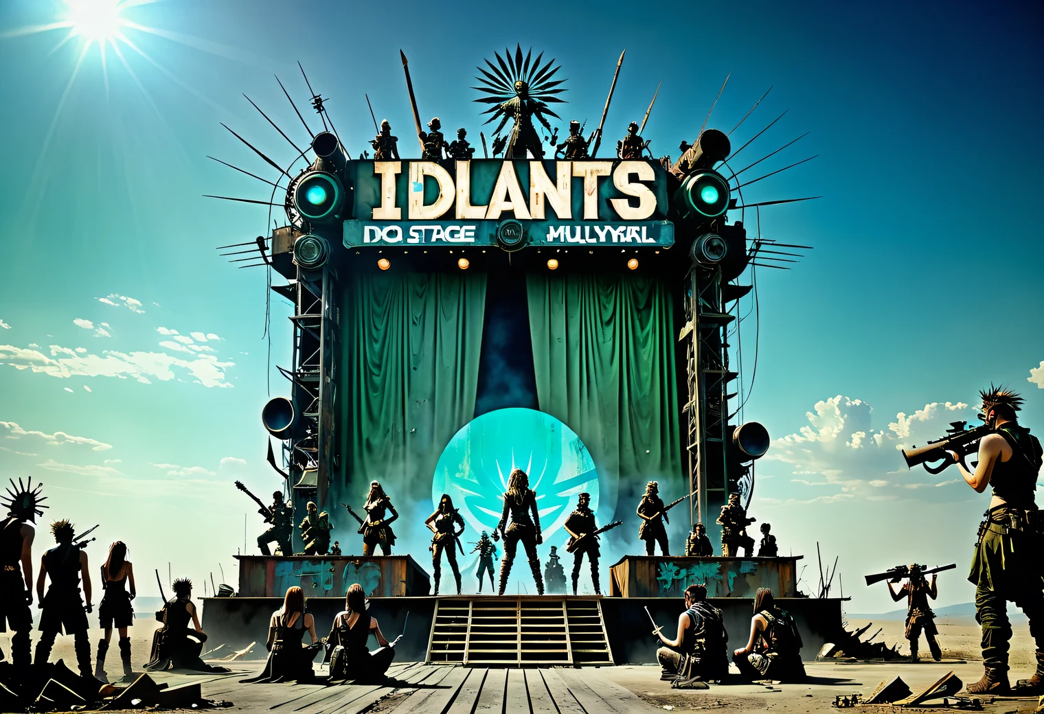 Idol Stage, Idol Stage Art, post-apocalyptic style, mutants as spectators, surrealism, text "IDOL STAGE"
