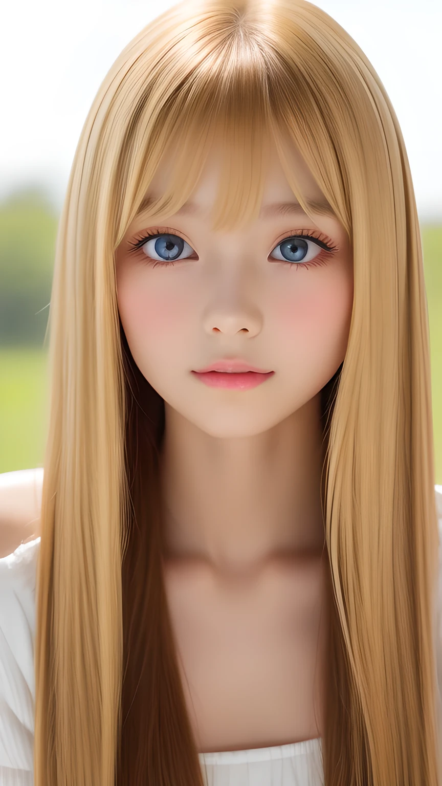 Beautiful super long straight silky hair with a dazzling golden shine、Bright expression、Blonde girl posing in a white top、long golden bangs between the eyes of the eyes,、Glossy fair skin、Glowing Cheeks、Reality Girls、16 year old beautiful girl、Beautiful girl with shining golden platinum blonde、Beautiful big bright blue eyes、Large double eyelids