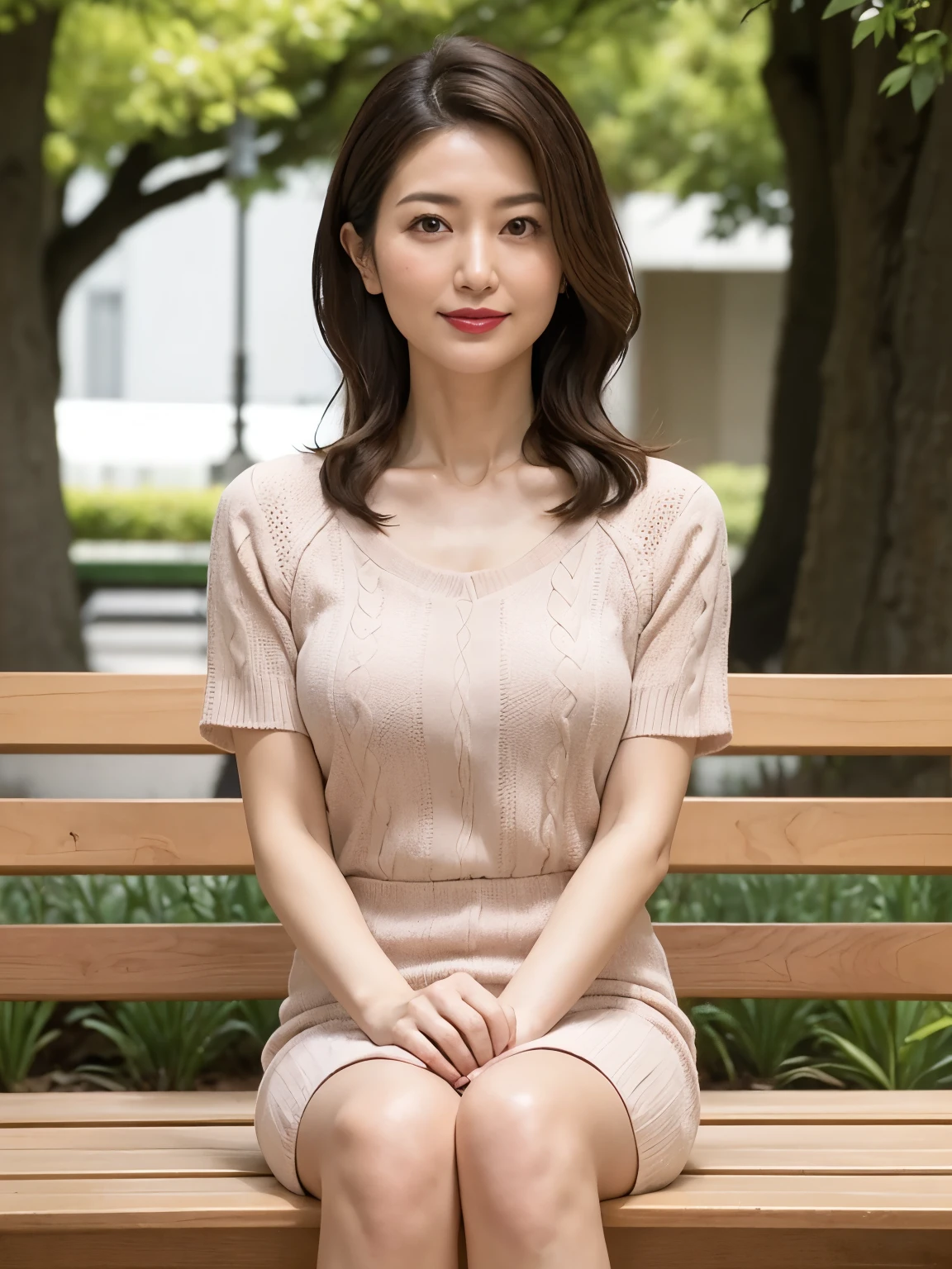 One Japanese woman, Detailed face, Red lipstick, From the chest up, highest quality, Very detailed, Perfect Anatomy, Chic patterned open-neck crew neck sweater dress, Short sleeve, Long curly hair, Age 37, mature, A slight smile, Park Background, stand, Standard body type, D cup breasts, Sit with your feet together on the bench