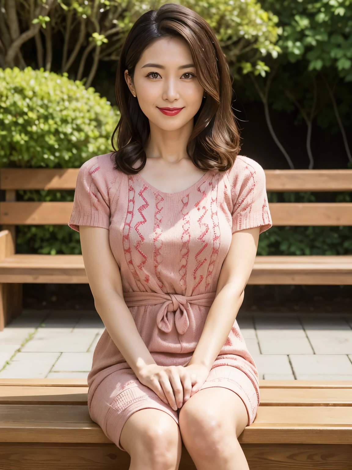 One Japanese woman, Detailed face, Red lipstick, From the chest up, highest quality, Very detailed, Perfect Anatomy, Chic patterned open-neck crew neck sweater dress, Short sleeve, Long curly hair, Age 37, mature, A slight smile, Park Background, stand, Standard body type, D cup breasts, Sit with your feet together on the bench
