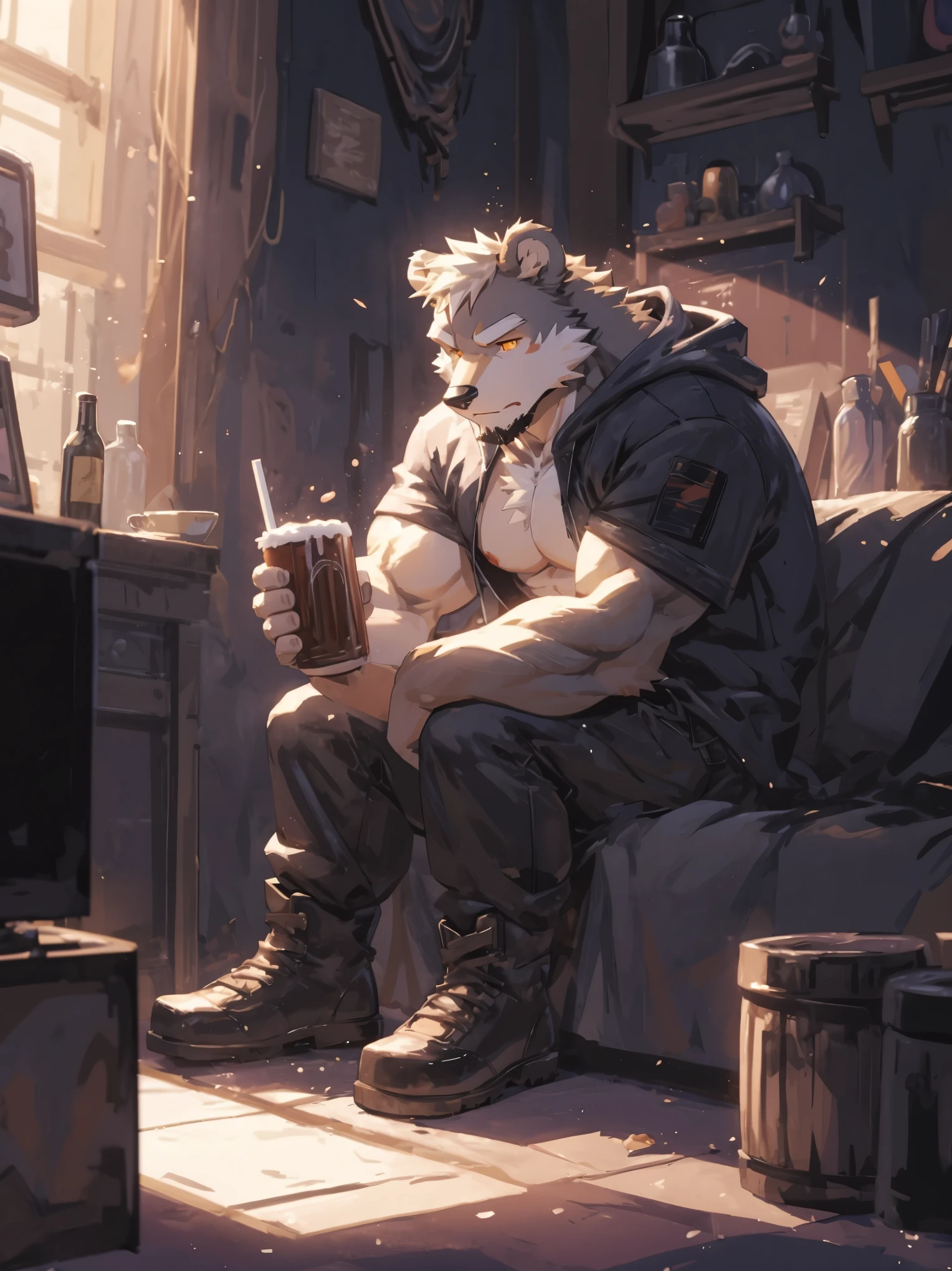 (masterpiece:1.2), best quality,pixiv,official art,perfect anatomy, (Ray tracing, light), (1_male:1.3) , (muscle), (gray fur:1.4), (muscle bear), (beard:1.2), (gleaming golden eyes), Thick black eyebrows, open hoodie, (naked inside:1.2), cargo pants, (boots:1.2), portrait, sitting, indoor, drink beer alone, looks tired, sitting on the sofa , watching tv