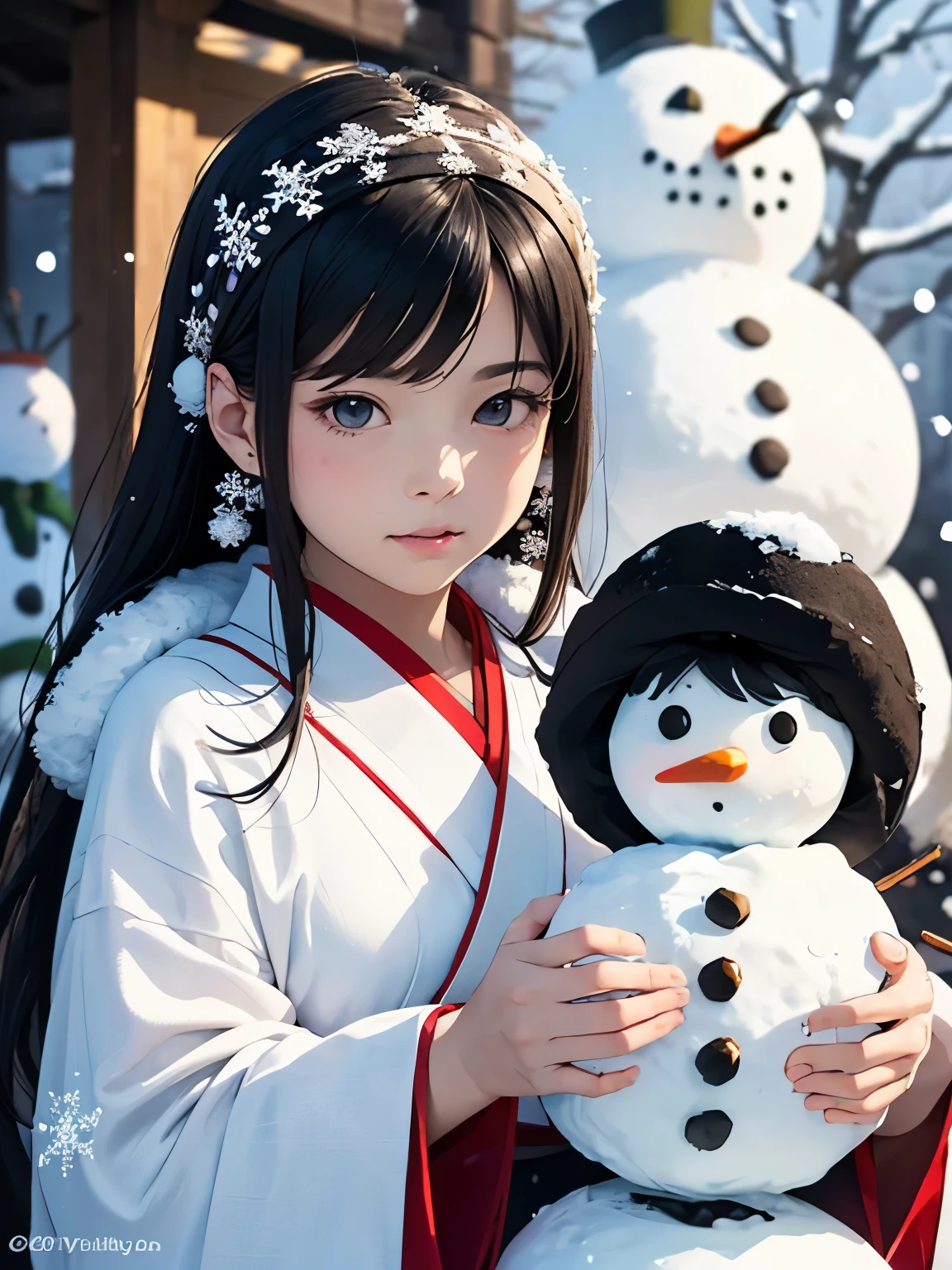 Arctic Circle、drift ice、1with animal1a person、Beautiful snow woman and white bear with long black hair and snowflake hair ornament、Red Japanese umbrella、White Japanese Clothing、penguin、white bear、Aurora、Stars of the Galaxy々、milkyway、masterpiece、realisitic。Photorealsitic