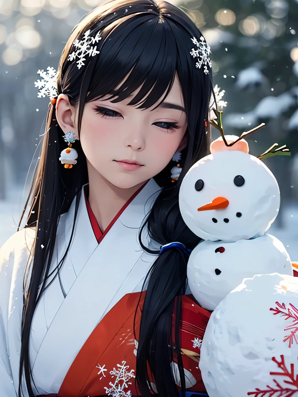 masterpiece, Realistic, highest quality, whole body, Black Super Long Hair, (((Beautiful Snow Woman)))), (Beautiful Snow Woman in Old Tales)))), (Japanese white kimono and white obi、Long red sleeves、Only the obi is hanging down, Face down、Looking up at the person squinting)), (((Black hair with snowflake hair accessories and snowman hair clips)), 20-year-old, (Plains in a blizzard)))), ( No headgear))), Realistic, Blur the background