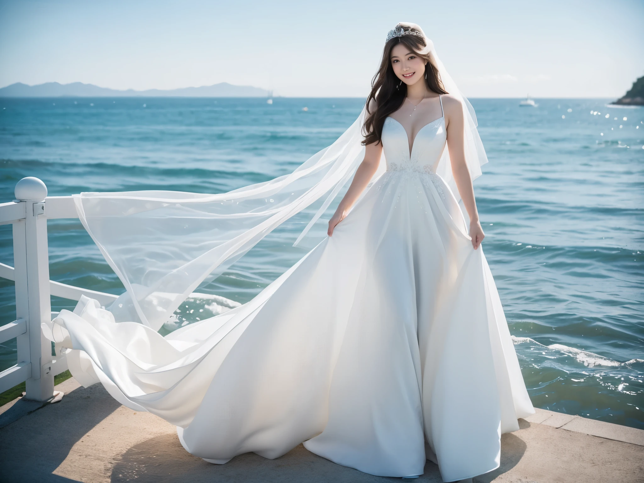 A woman with a beautiful and well-proportioned face
hair waving in the wind
(brown hair)
calm smile
G cup breasts
wearing a wedding dress
(white prom dress)
(There's a white wedding veil on my head)
There is a big and long bridge
The blue sea spreads under the bridge
a car is passing
japanese woman