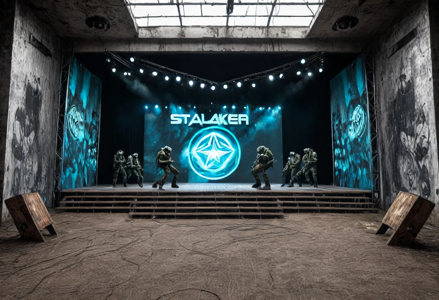 Idol Stage, Idol Stage Art, post-apocalyptic style, based on the game Stalker Call of Pripyat, stalkers on Idol Stage, mutants as spectators, surrealism, text "IDOL STAGE"