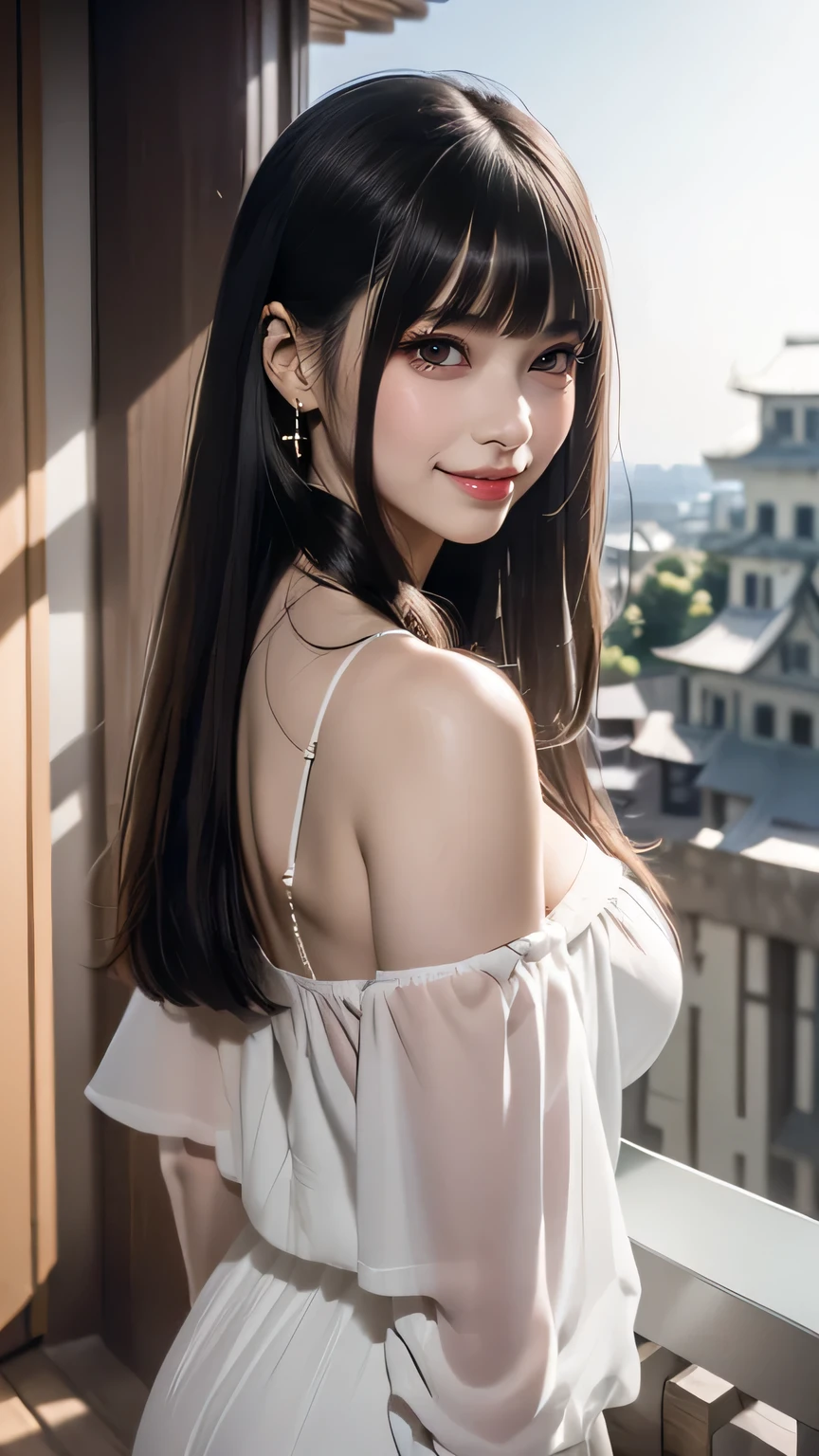 ((Straight bangs、Princess Bang)),((Very heavy、Voluminous bangs:1.1)),((very long、Very heavy、Very voluminous side locks:1.1)), Hime cut、Straight bangs hairstyle、Round face and ugly bangs、Long hair with ugly bangs、The bangs are cut straight、(masterpiece、highest quality:1. 5), (Ultra-fine 8K CG:1.4), (hyperRealistic:1.25), (PhotoRealistic:1.25), (Realistic:1.4), (View Top:1.35), (Rear view),(look back), (smile1.3)、 1 japanese beautiful girl, 19 years old, Supermodel, Japanese Idols, (smile)、 (Translucent off-shoulder white dress :1.1),( Girl standing on balcony of old castle:1.4), (A European castle is hazy in the background.),Backlight、silhouette、nipple、(White panties are visible),