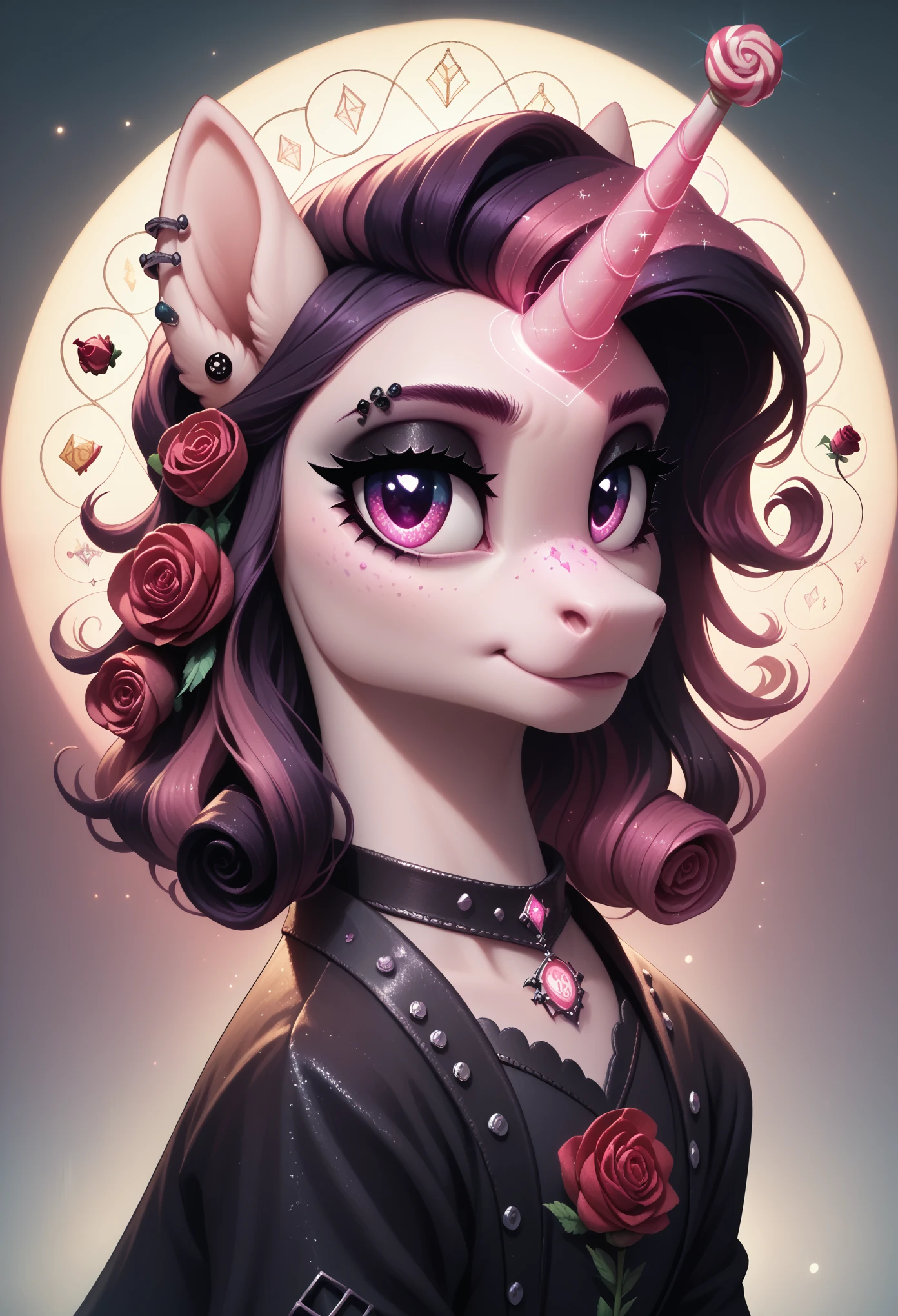  score_9,score_8_up,score_7_up,score_6_up, cute Rose unicorn, Goth fashion, glowing backlight, candy, pink scene, glitter, whimsical, enchanted, magical, fantasy art concept, intricate details, 