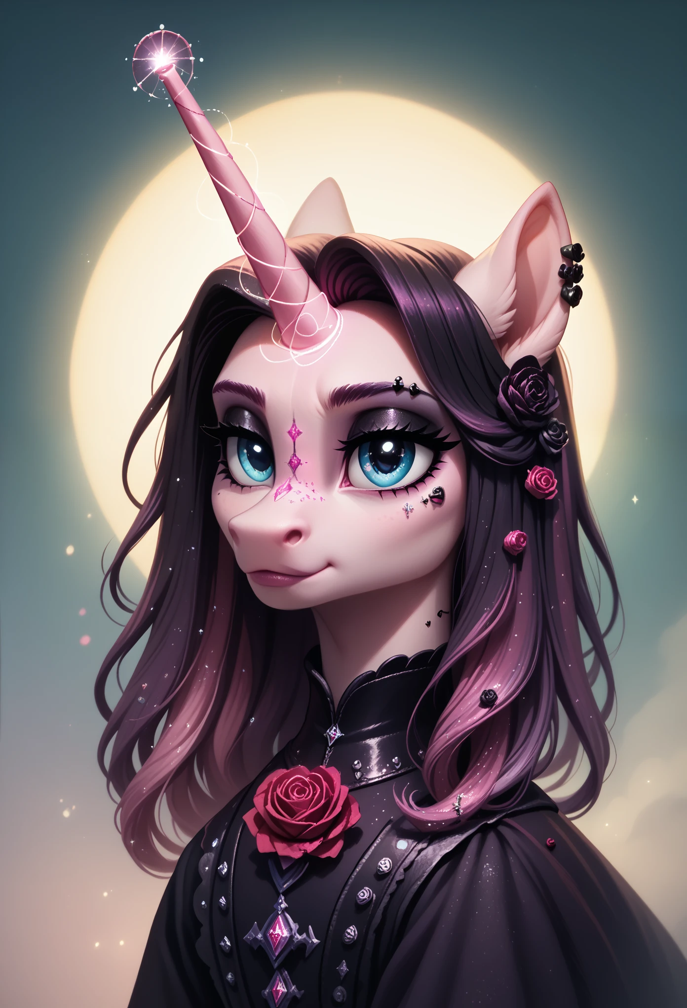  score_9,score_8_up,score_7_up,score_6_up, cute Rose unicorn, Goth fashion, glowing backlight, candy, pink scene, glitter, whimsical, enchanted, magical, fantasy art concept, intricate details, 