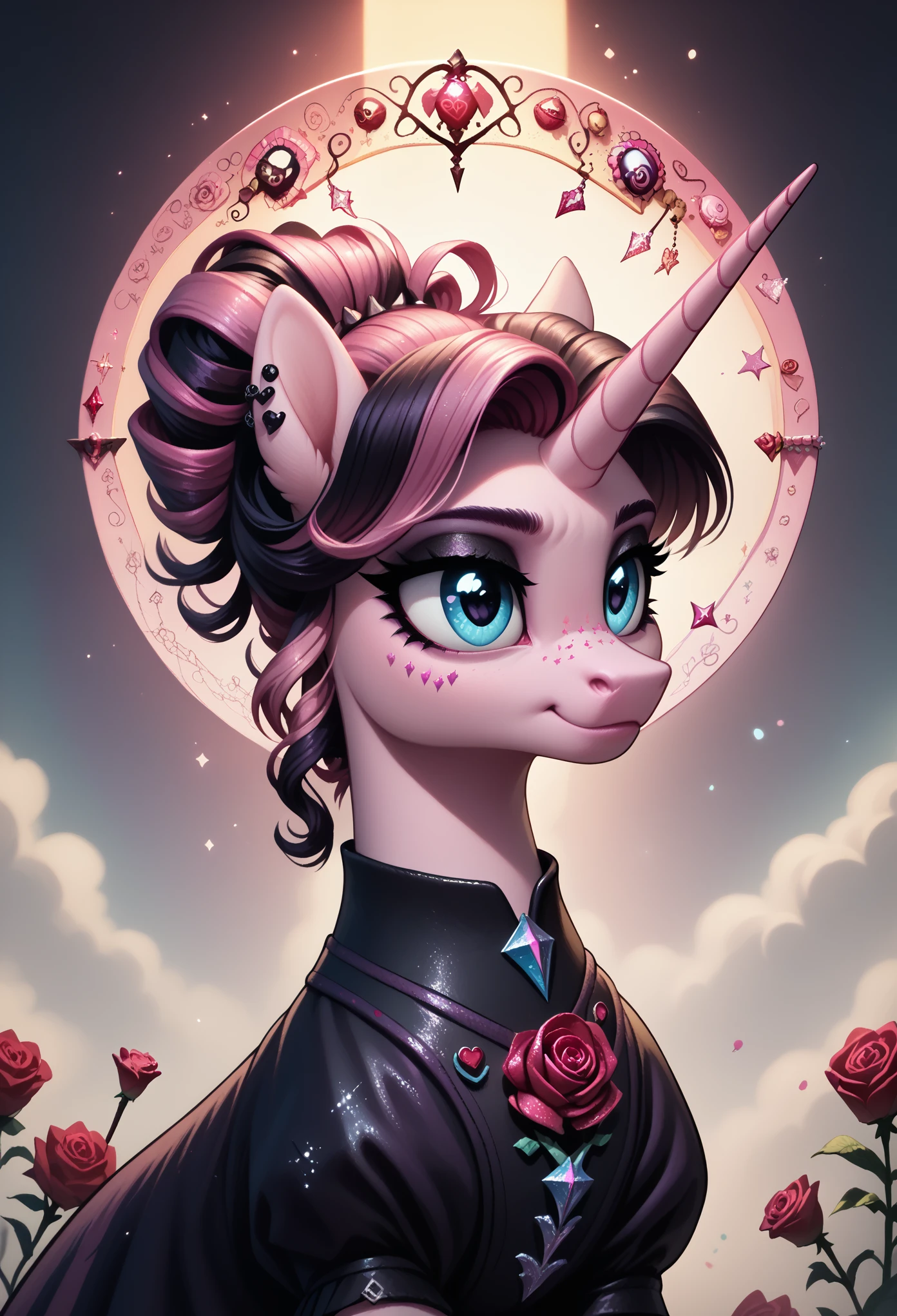  score_9,score_8_up,score_7_up,score_6_up, cute Rose unicorn, Goth fashion, glowing backlight, candy, pink scene, glitter, whimsical, enchanted, magical, fantasy art concept, intricate details, 