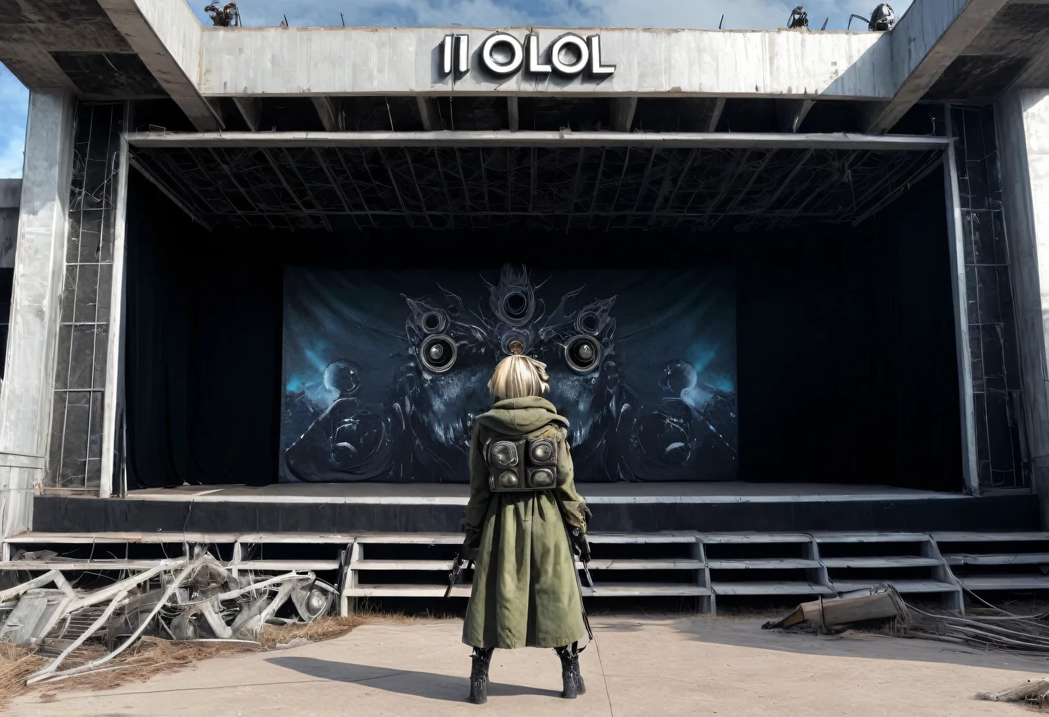 Idol Stage, Idol Stage Art, post-apocalyptic style, based on the game Stalker Call of Pripyat, stalkers on Idol Stage, mutants as spectators, surrealism